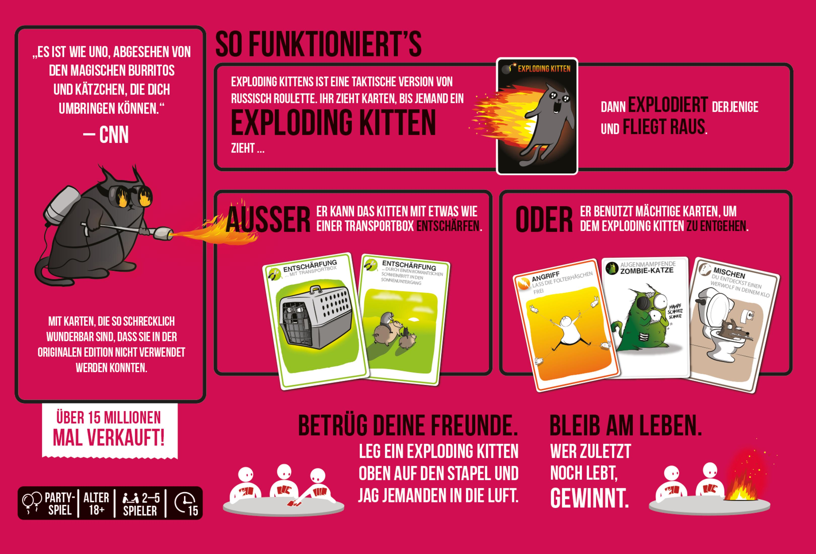 Eine illustrierte Exploding Kittens Spielanordnung mit Text, Karten und Cartoon-Figuren.