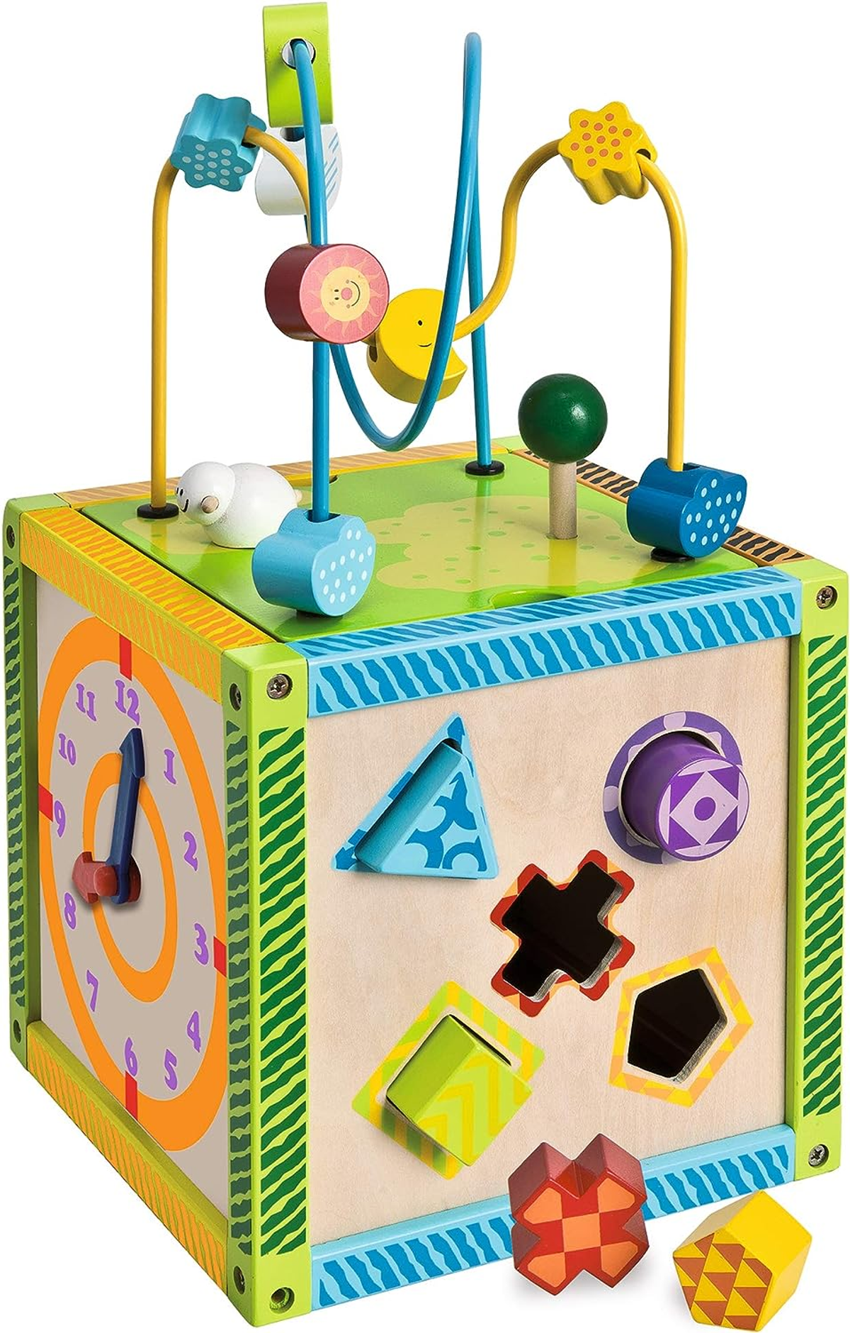 Hölzernes Lernspielzeug. Mit Uhr, Formensortierer und Perlenlabyrinth. Buntes Design.