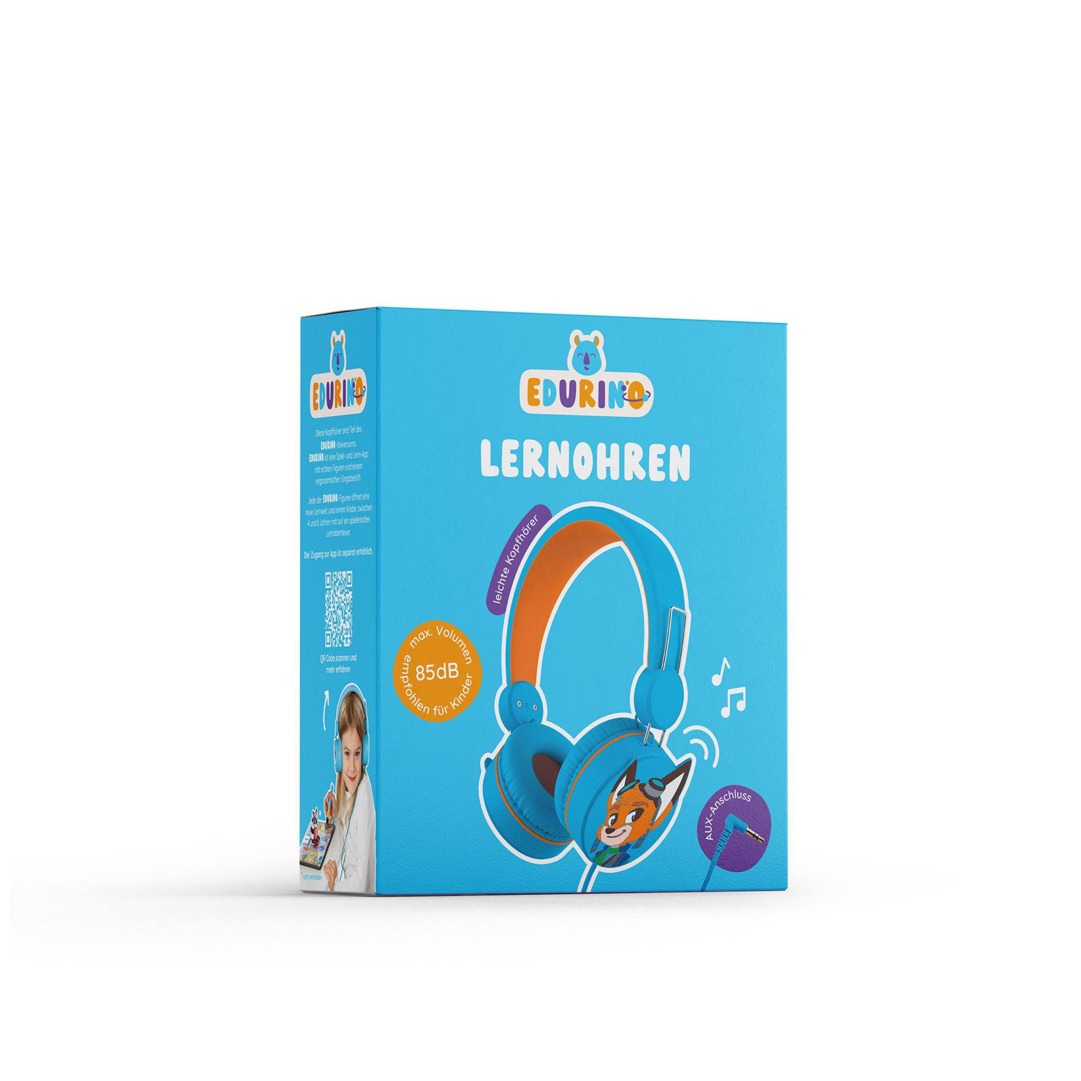 Blaue Kinderkopfhörer in einer Box. Helle Farben, Cartoon-Fuchs-Design, Text auf Deutsch, weißer Hintergrund.