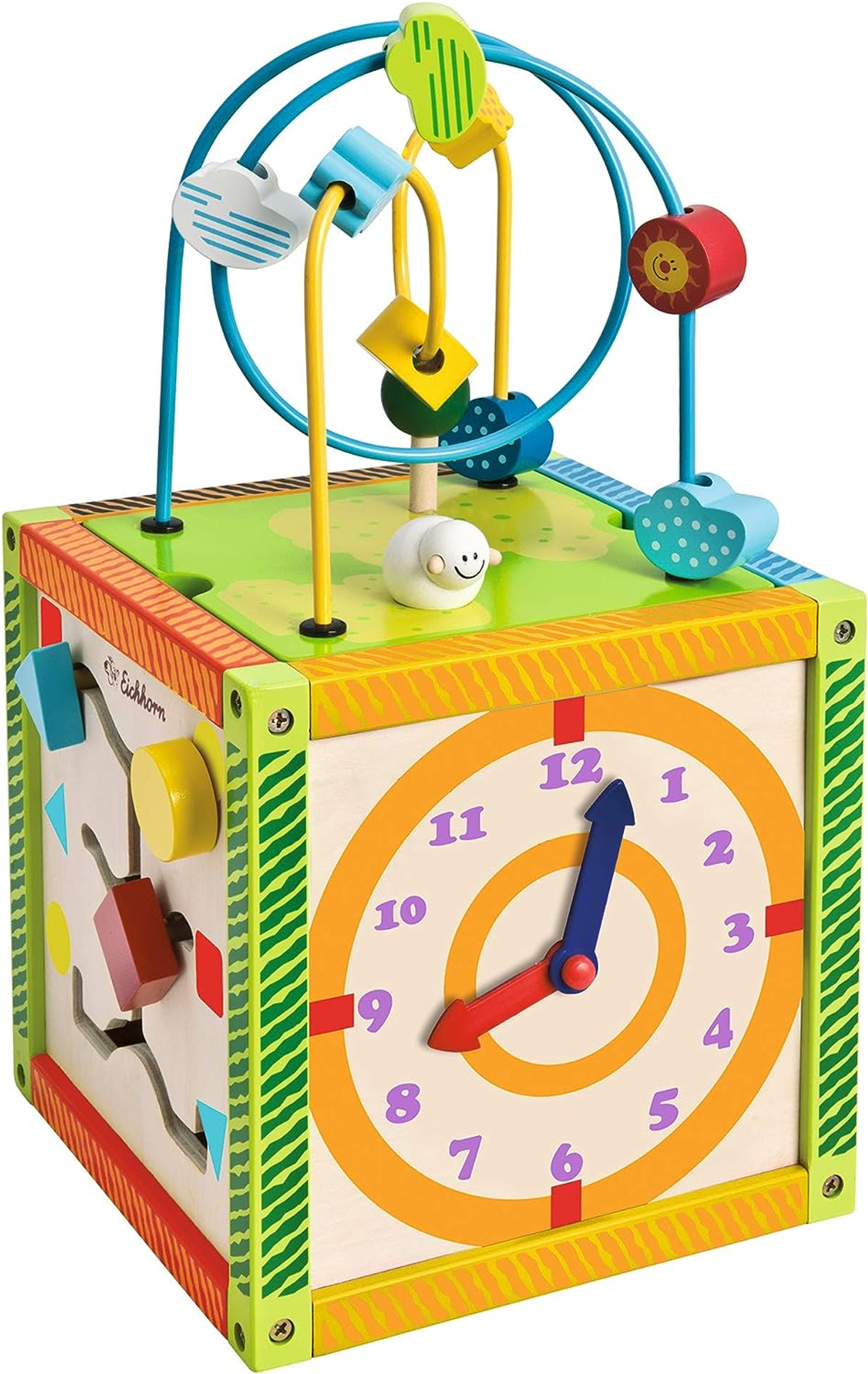 Ein Holz-Aktivitätswürfel-Spielzeug mit Uhr, Perlen und bunten Formen.