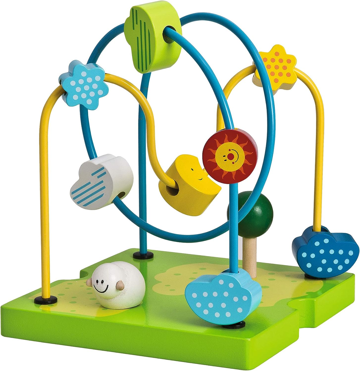 Holzspielzeug mit Perlen, Formen und Schaf. Grüne und blaue Farben.