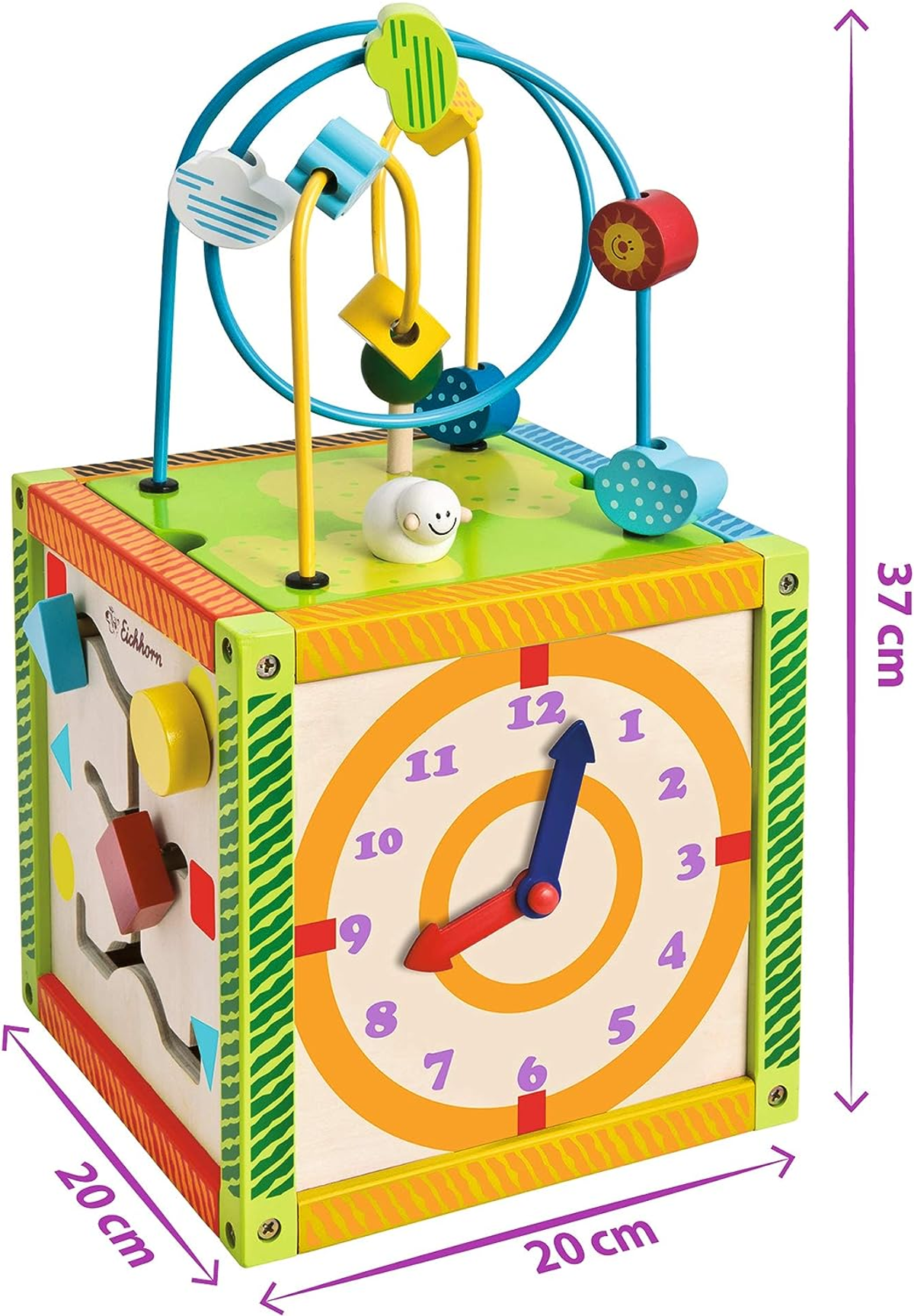 Ein Holz-Aktivitätswürfelspielzeug mit Uhr, Perlen und anderen Formen.