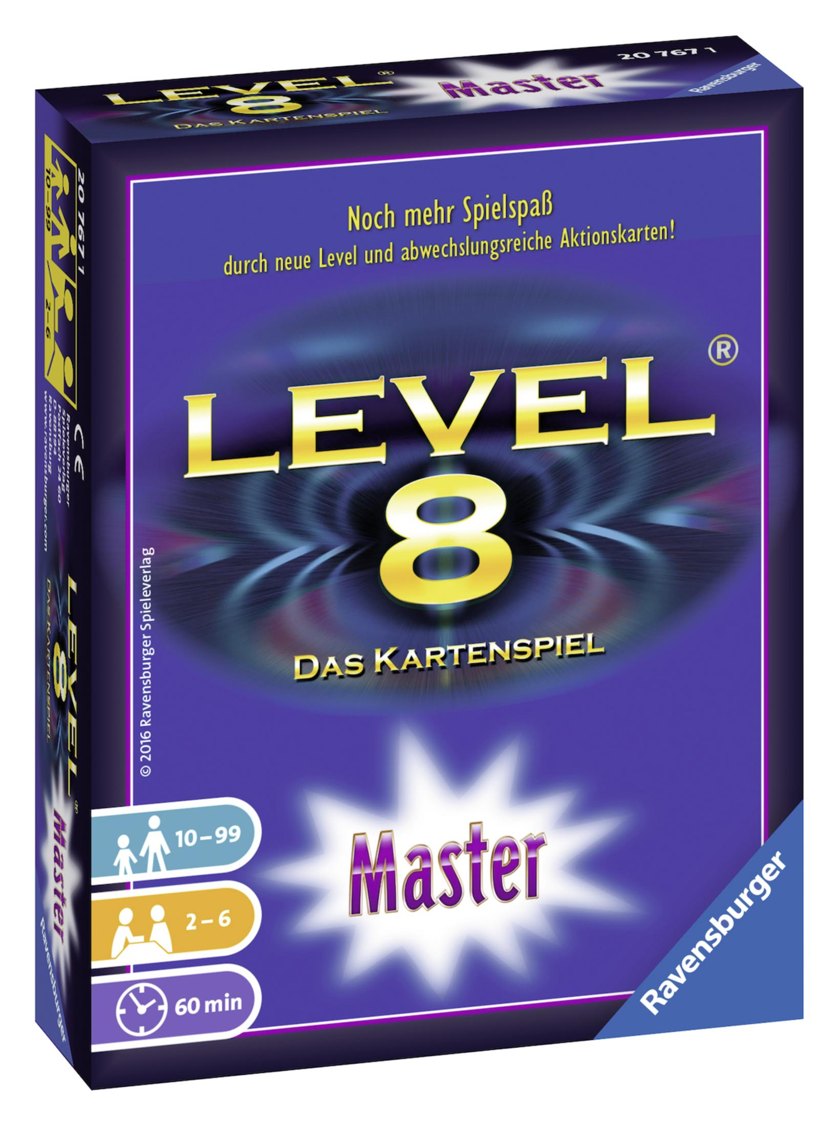 Pudełko gry planszowej Level 8, niebieskie ze złotymi literami. Szczegóły gry i logo.