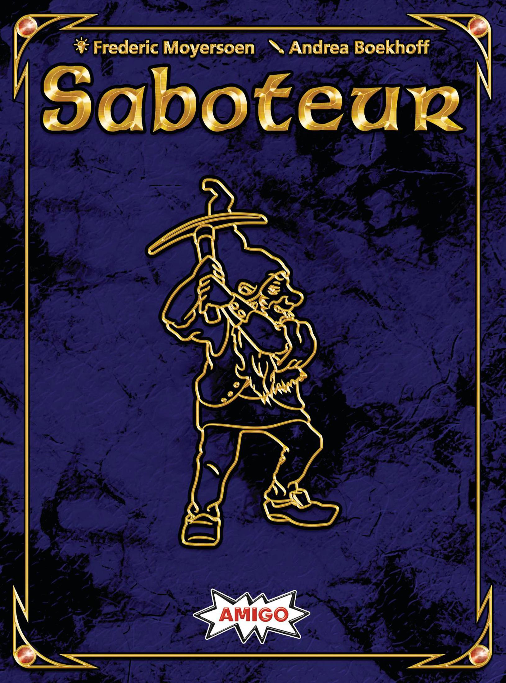 Boîte de jeu Saboteur avec un nain tenant une pioche. Le fond est bleu foncé.
