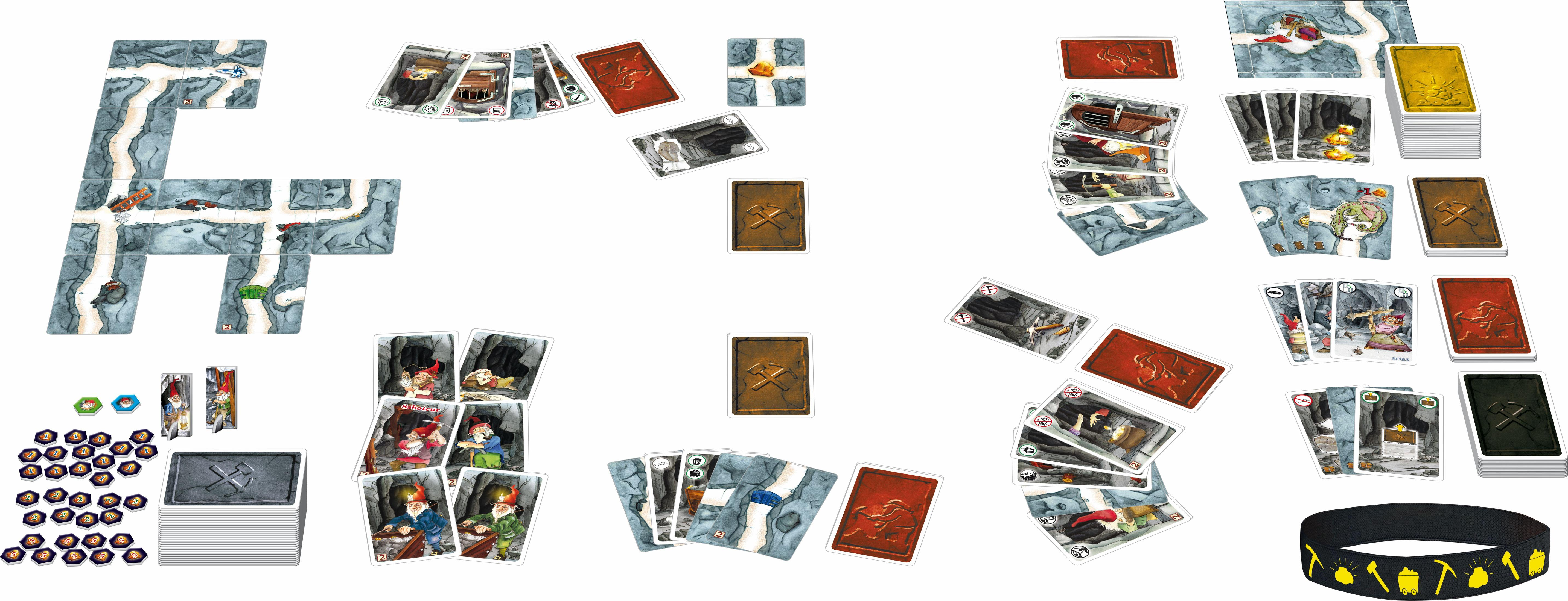Jeu de société avec diverses cartes, plateau de jeu et jetons sur une surface blanche. Cartes montrant des scènes de grottes.
