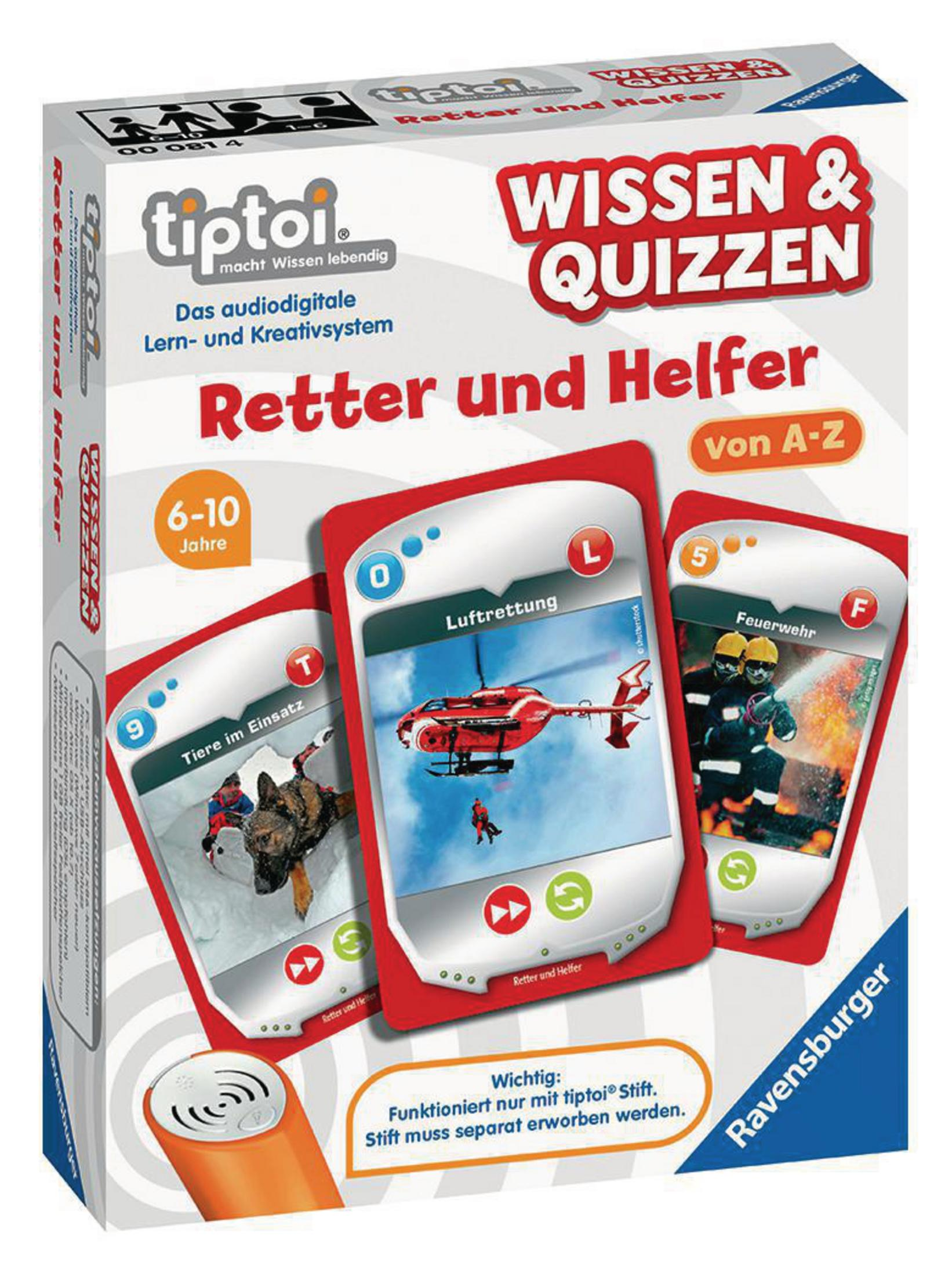 Una scatola di Tiptoi Wissen & Quizzen, un gioco con carte su soccorritori e aiutanti. Le carte mostrano scenari di soccorso.