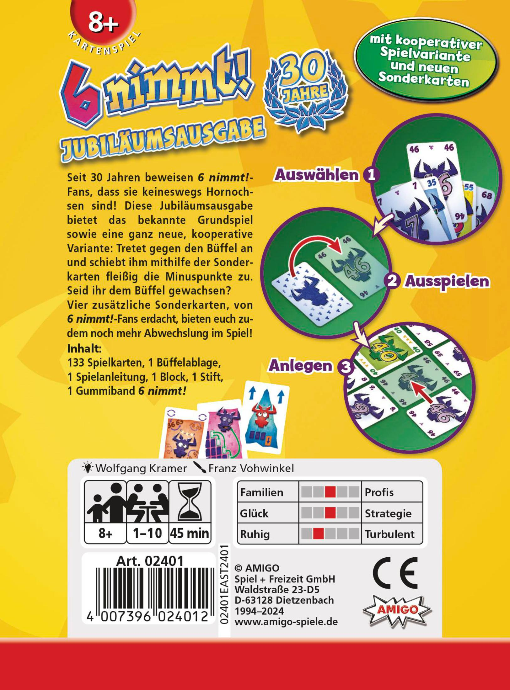 Dos de la boîte de jeu de cartes 6 nimmt!. Instructions et cartes visibles.