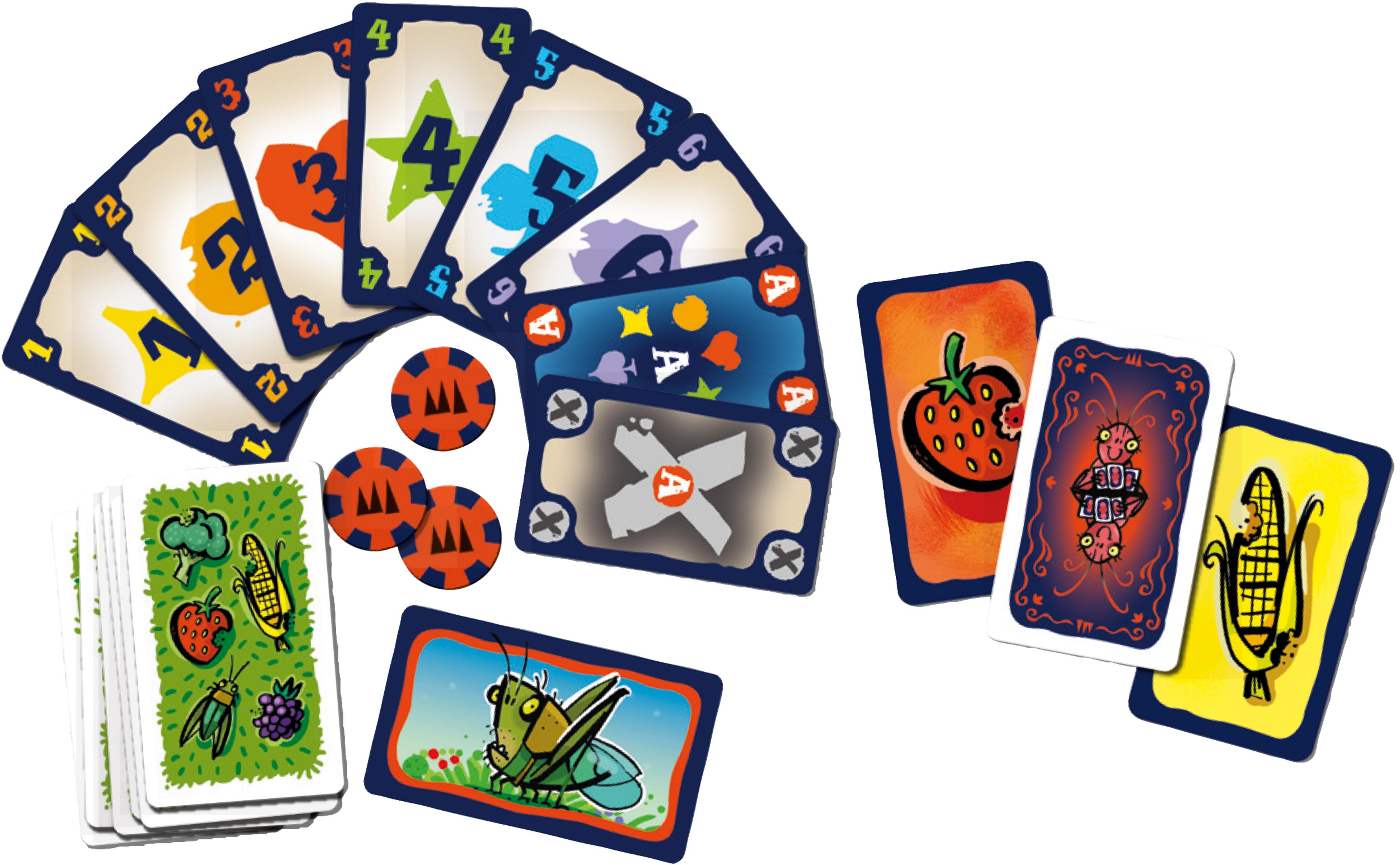 Carte e gettoni di gioco. Le carte presentano numeri, insetti e frutta. I gettoni hanno segni arancioni.