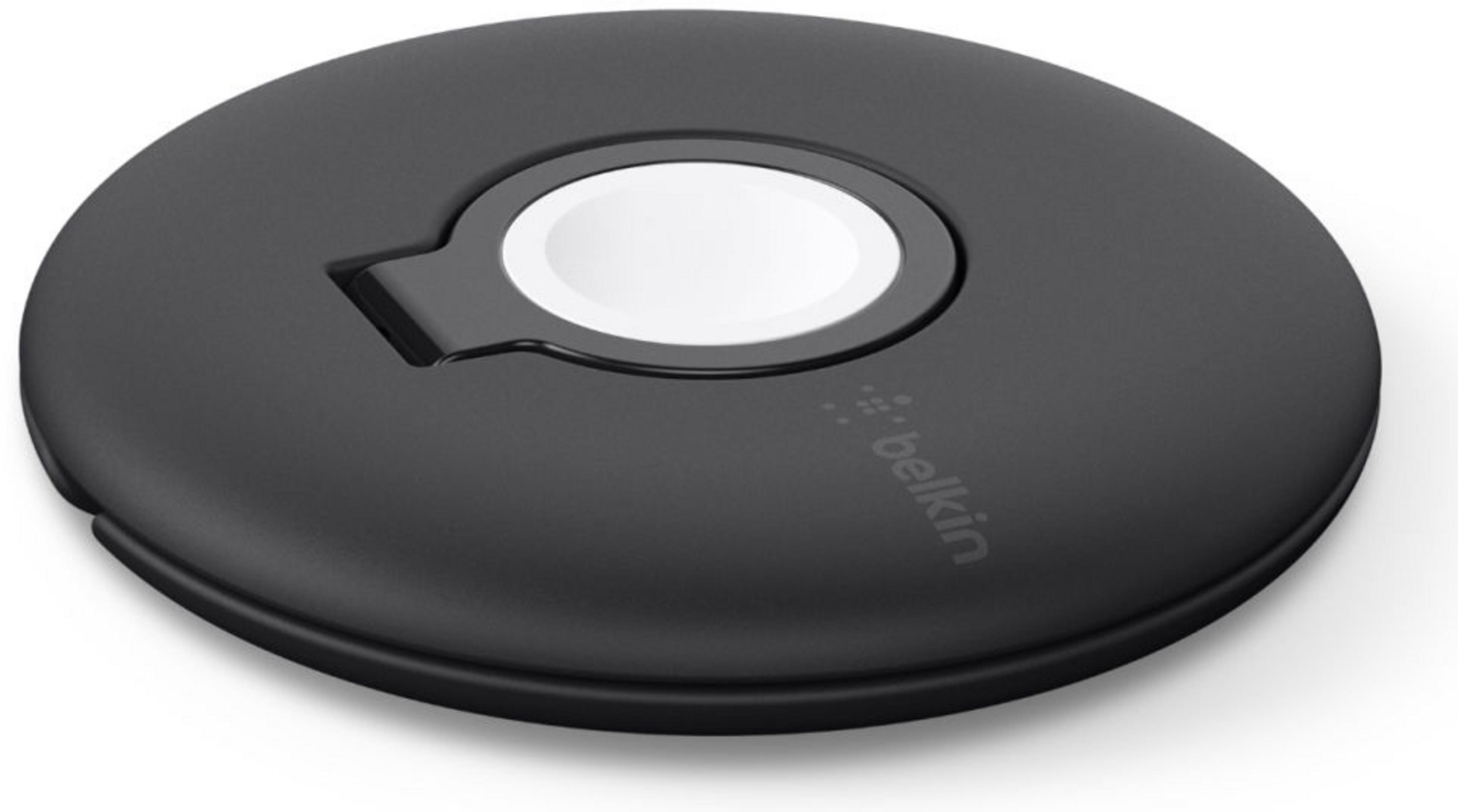 Eine schwarze Apple Watch Ladestation. Die Uhr ist nicht vorhanden.