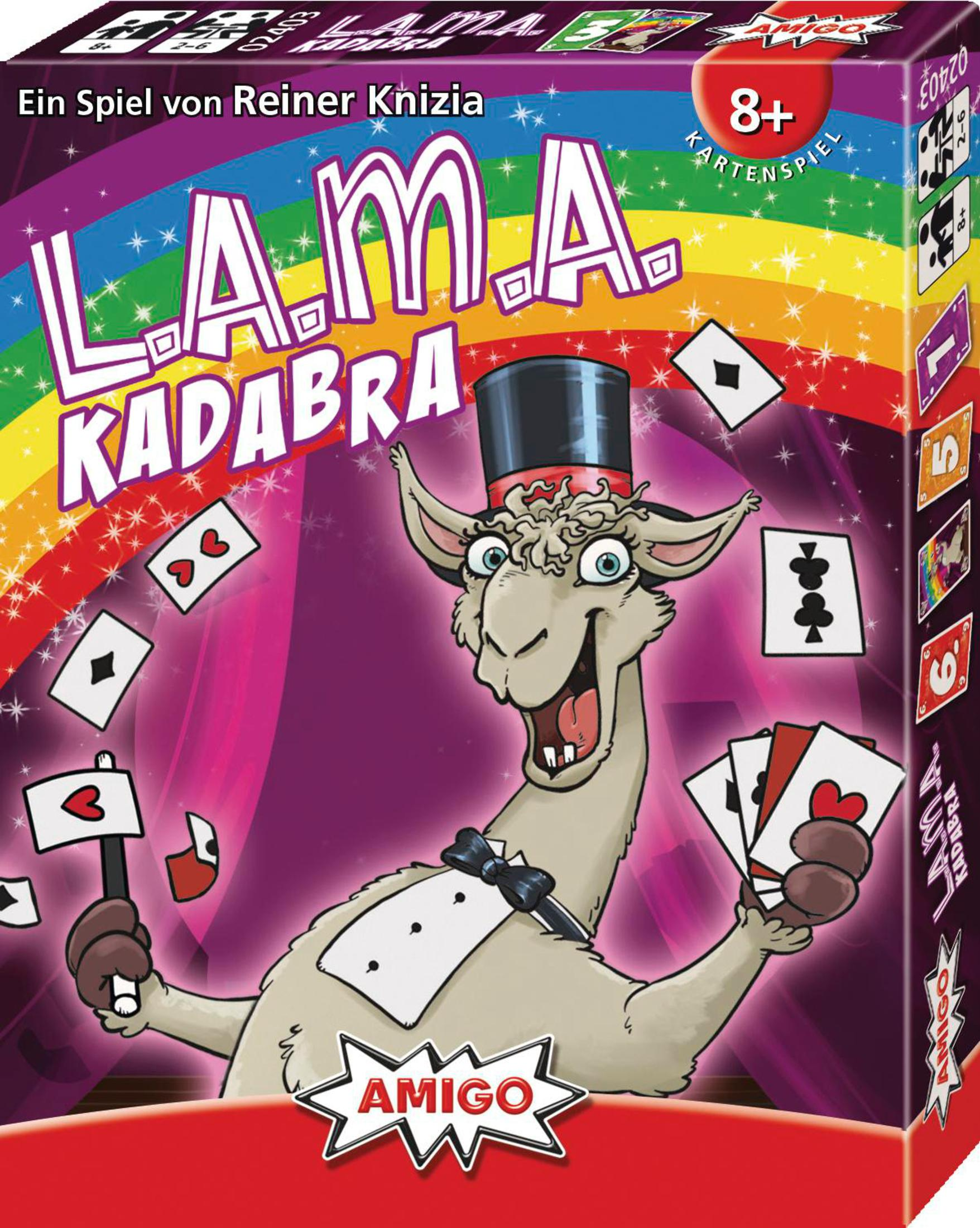 Boîte d'un jeu de cartes appelé L.A.M.A. KADABRA, avec un lama et des cartes à jouer.