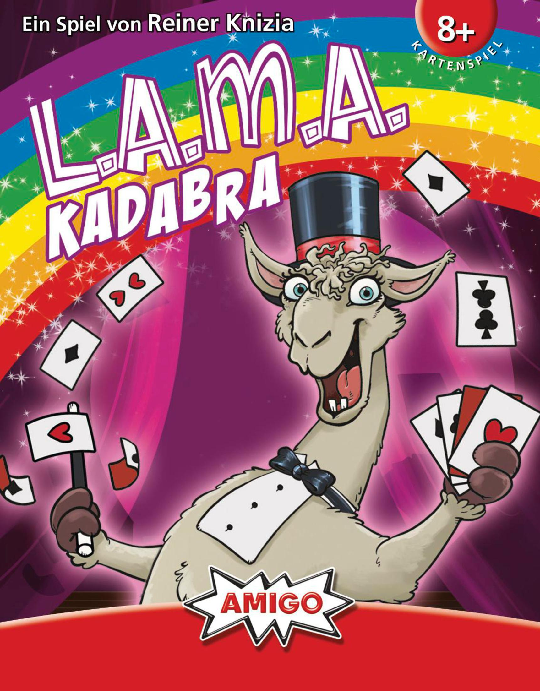 Boîte du jeu de cartes L.A.M.A. KADABRA avec un lama magicien et des cartes.