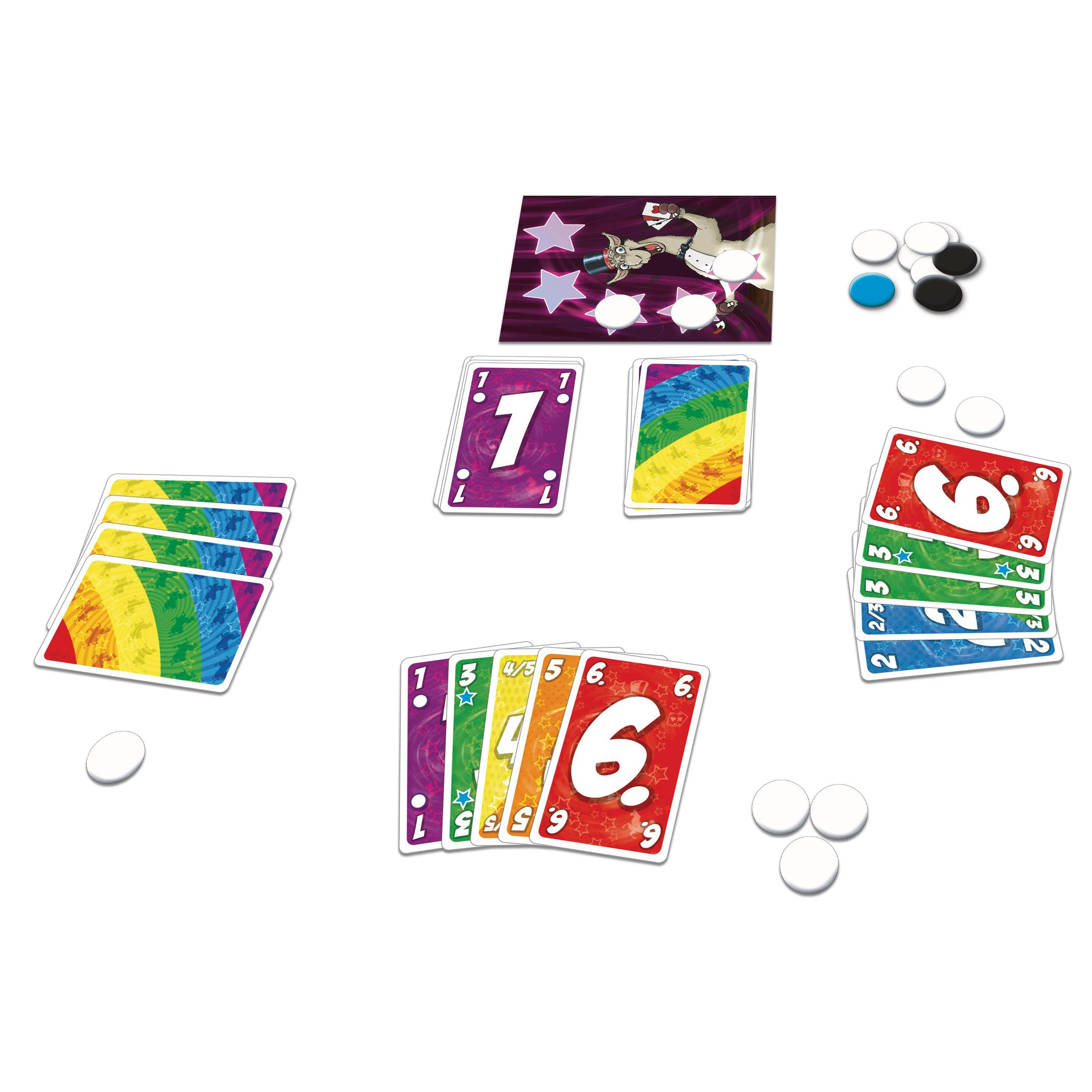 Cartes d'un jeu avec des chiffres et des couleurs. Des jetons circulaires blancs sont dispersés autour des cartes.