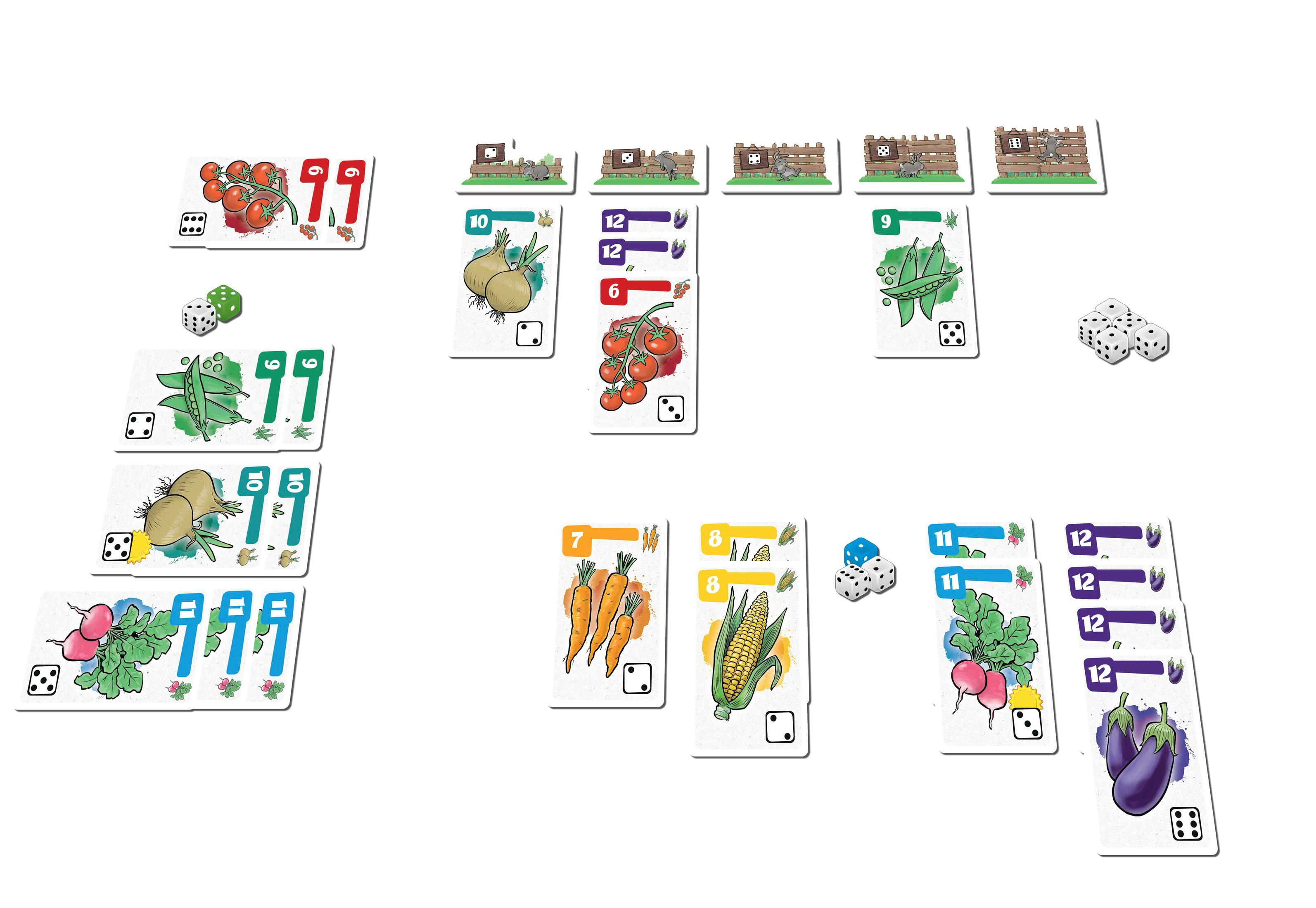 Une configuration de jeu de société avec des cartes représentant des légumes et des dés.