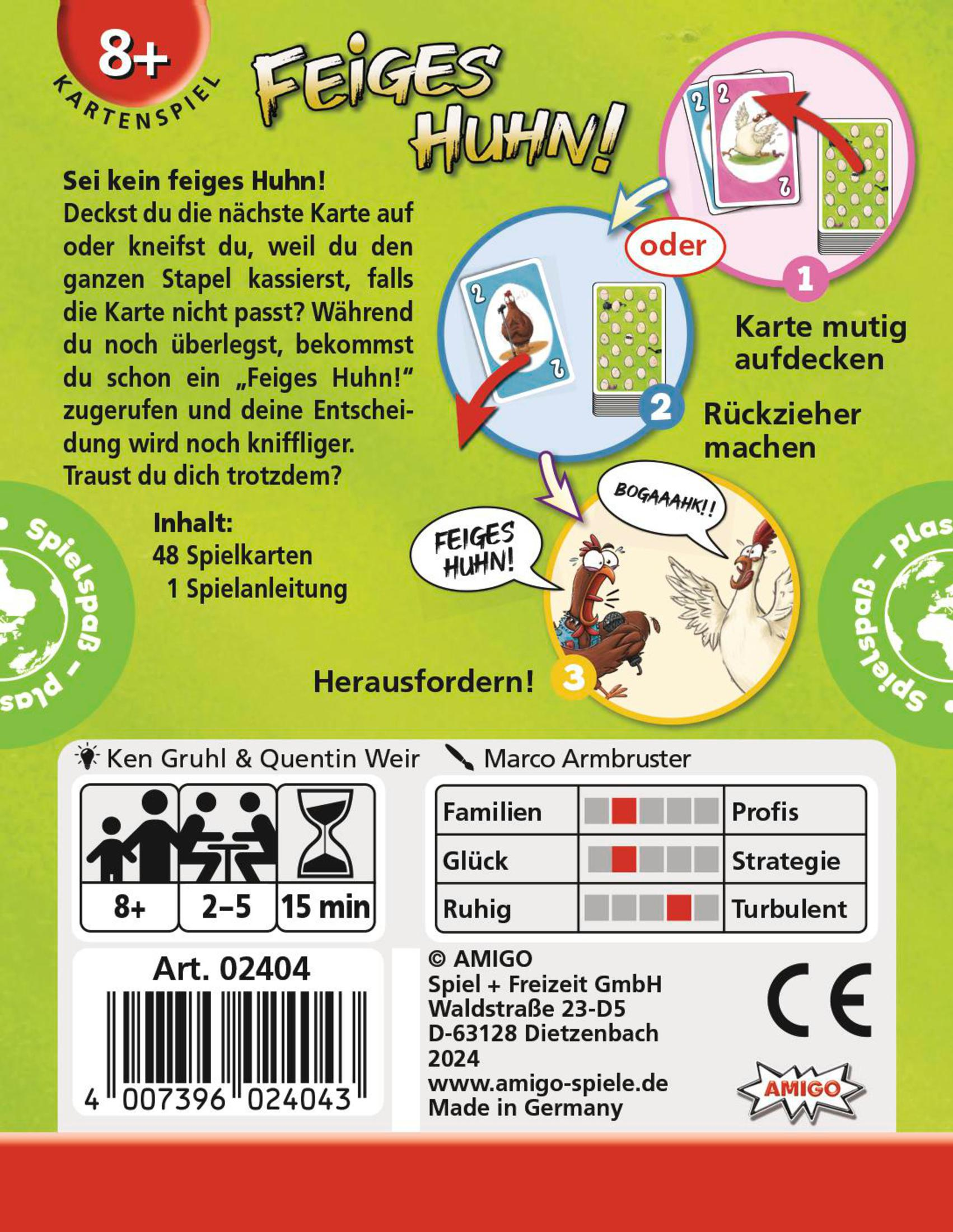 Dos d'une boîte de jeu de cartes avec texte et illustrations de poulets.