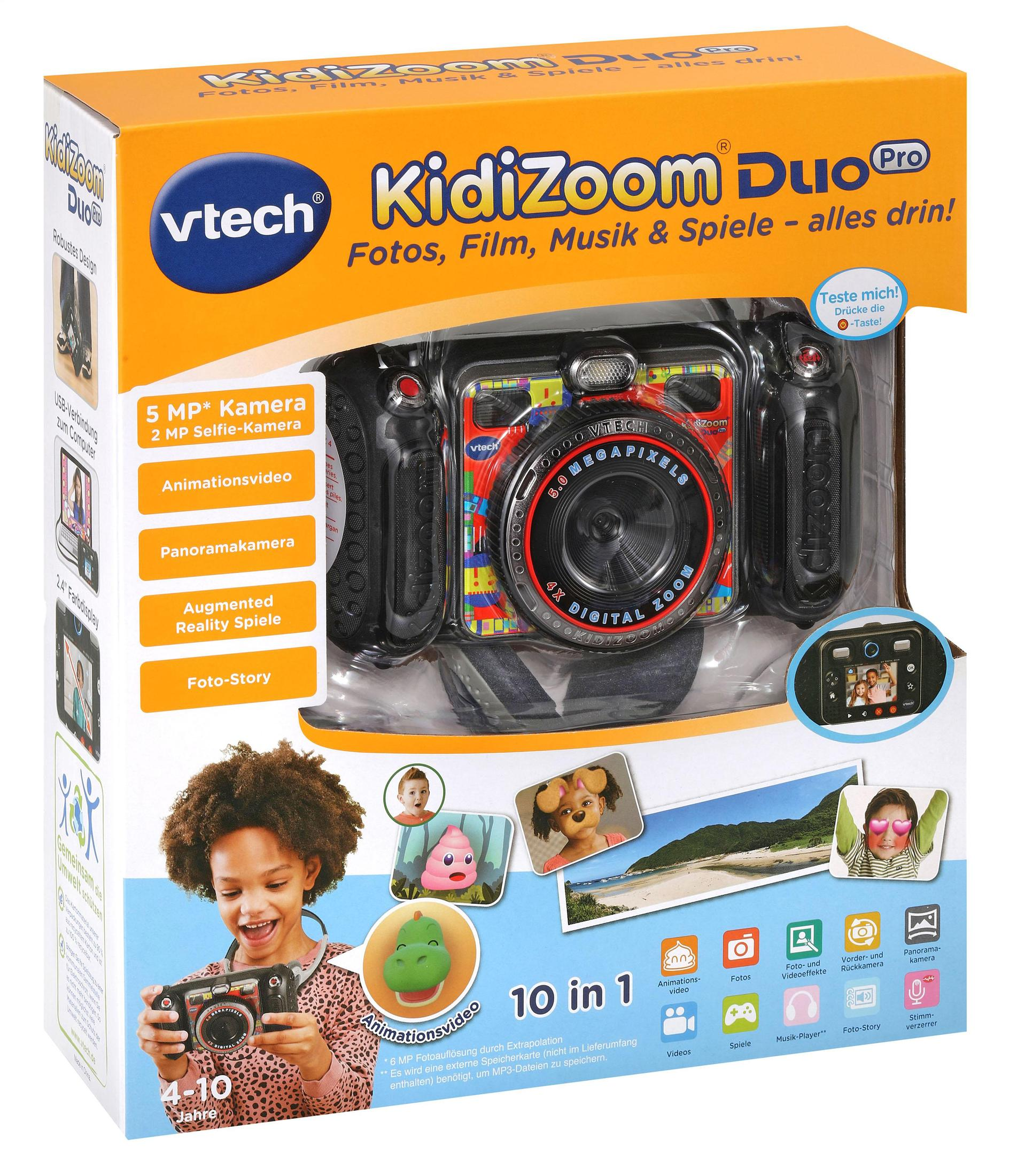 Eine bunte Kinderkamerabox mit einem Kind, das eine Kamera und Fotos hält.