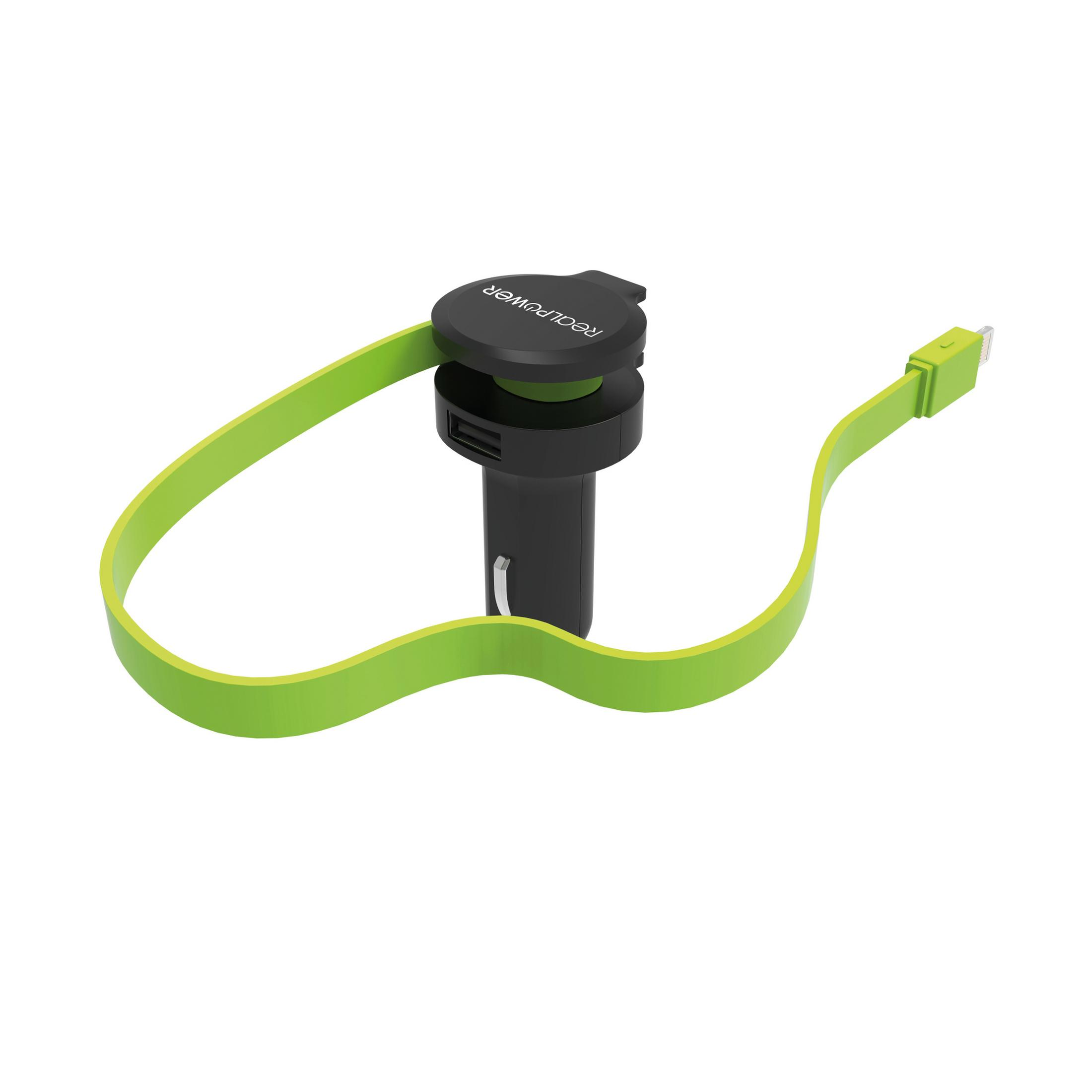 Ein Autoladegerät mit einem grünen Kabel und einem Lightning-Anschluss.