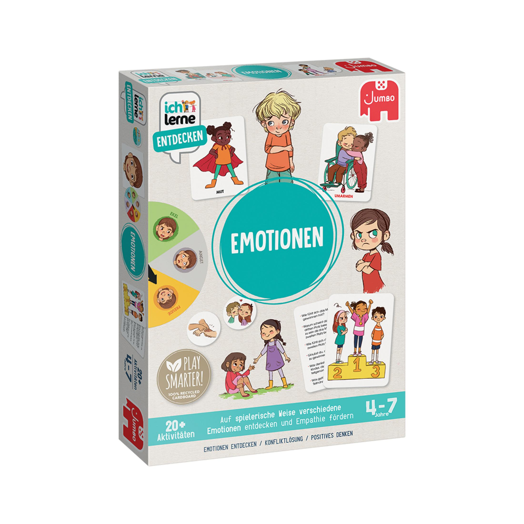 Una scatola di gioco di carte per bambini a tema emozioni con illustrazioni di cartoni animati e testo.