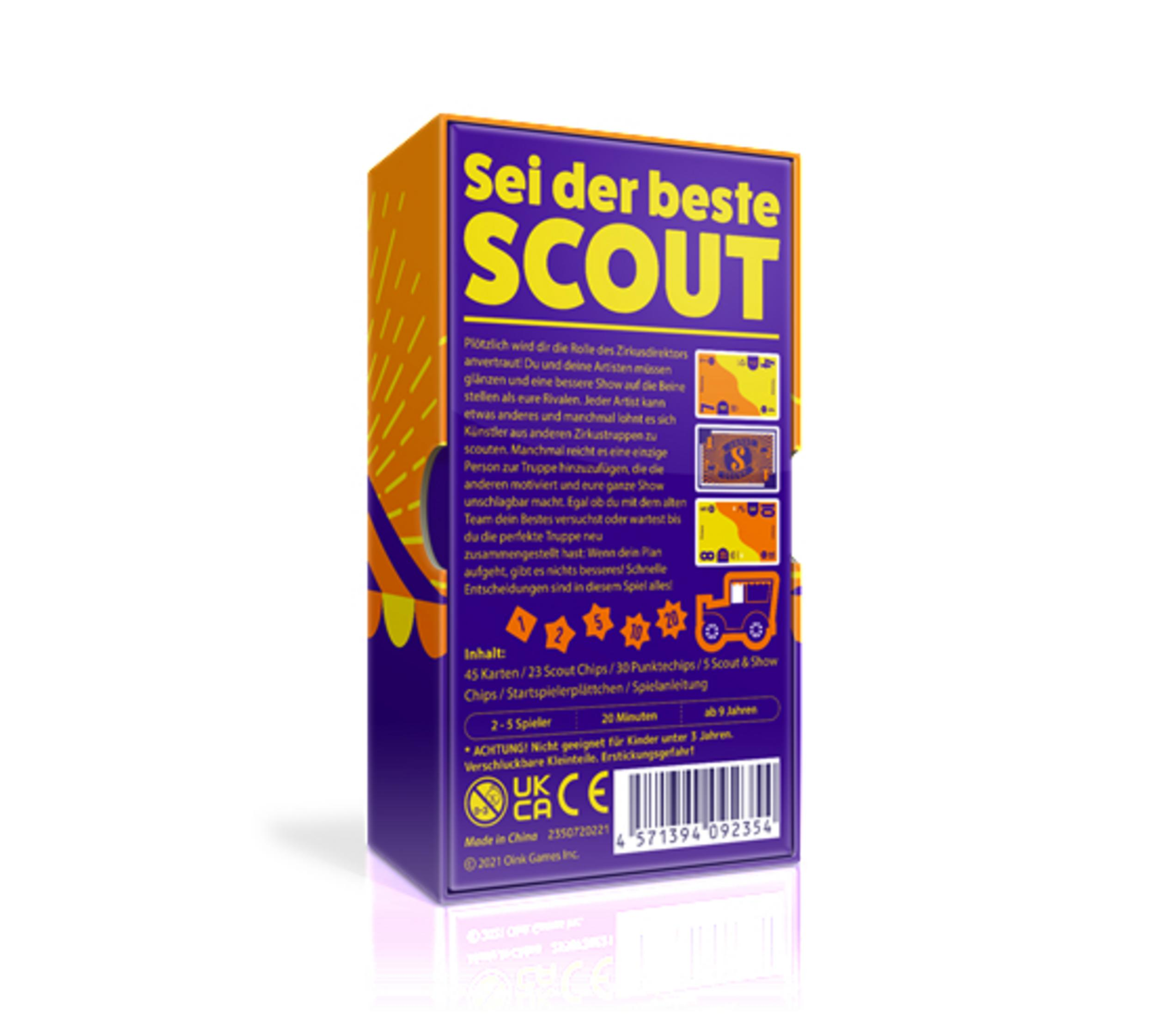 Brettspielbox mit Text: 'Sei der beste SCOUT', mit einem Pfadfinder-Bild.
