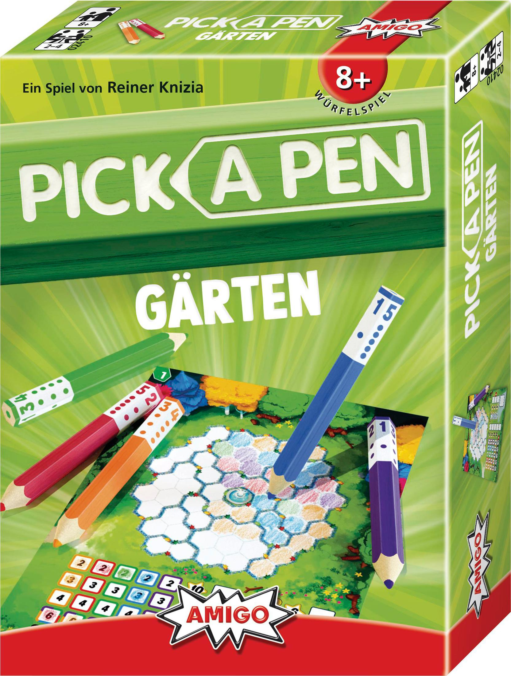 Scatola per un gioco da tavolo 'Pick a Pen Garten' con matite e dadi. È un gioco per 8+ anni.