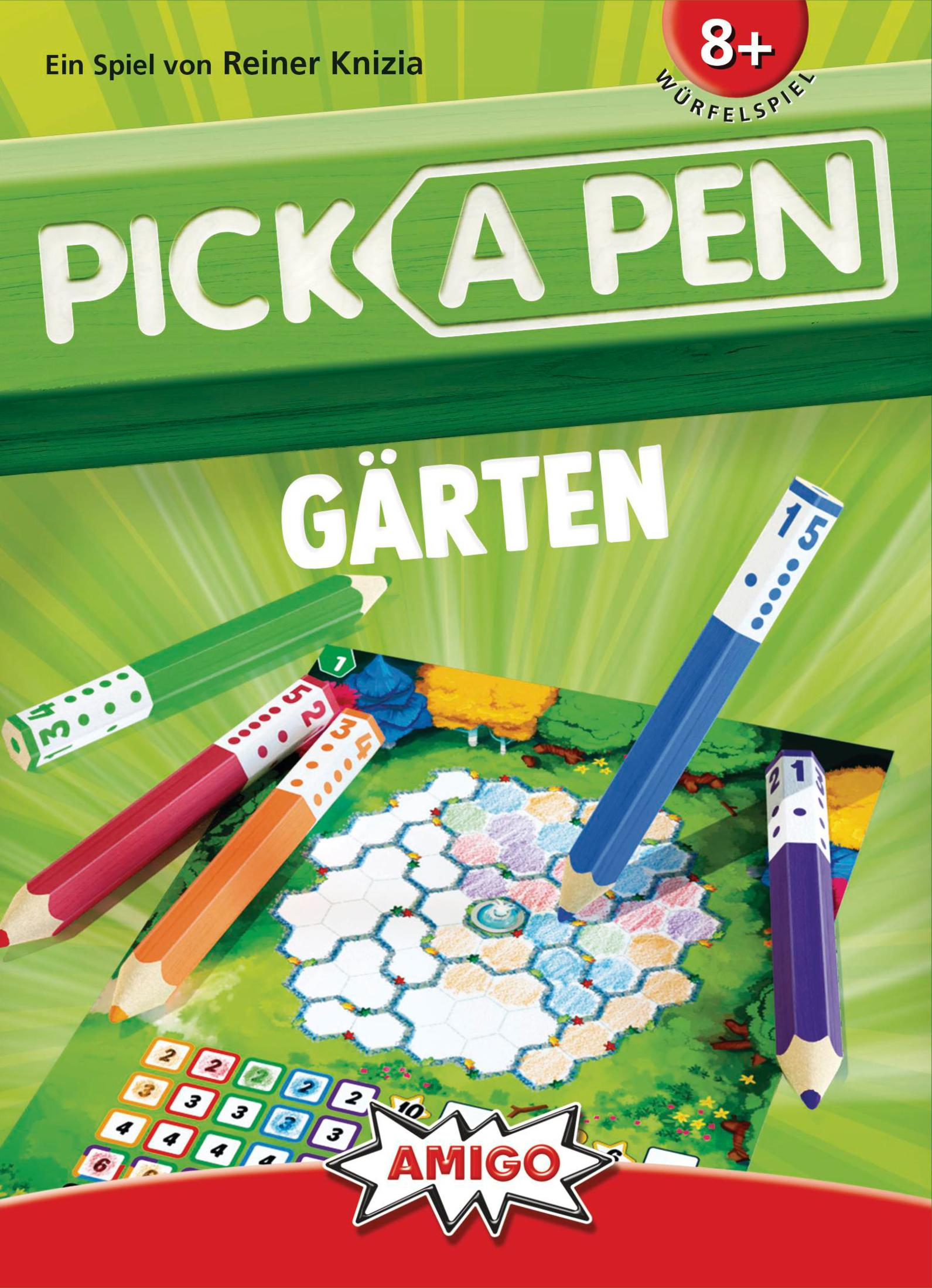 Confezione di un gioco chiamato PICK A PEN GÄRTEN, con matite colorate e pezzi del gioco.