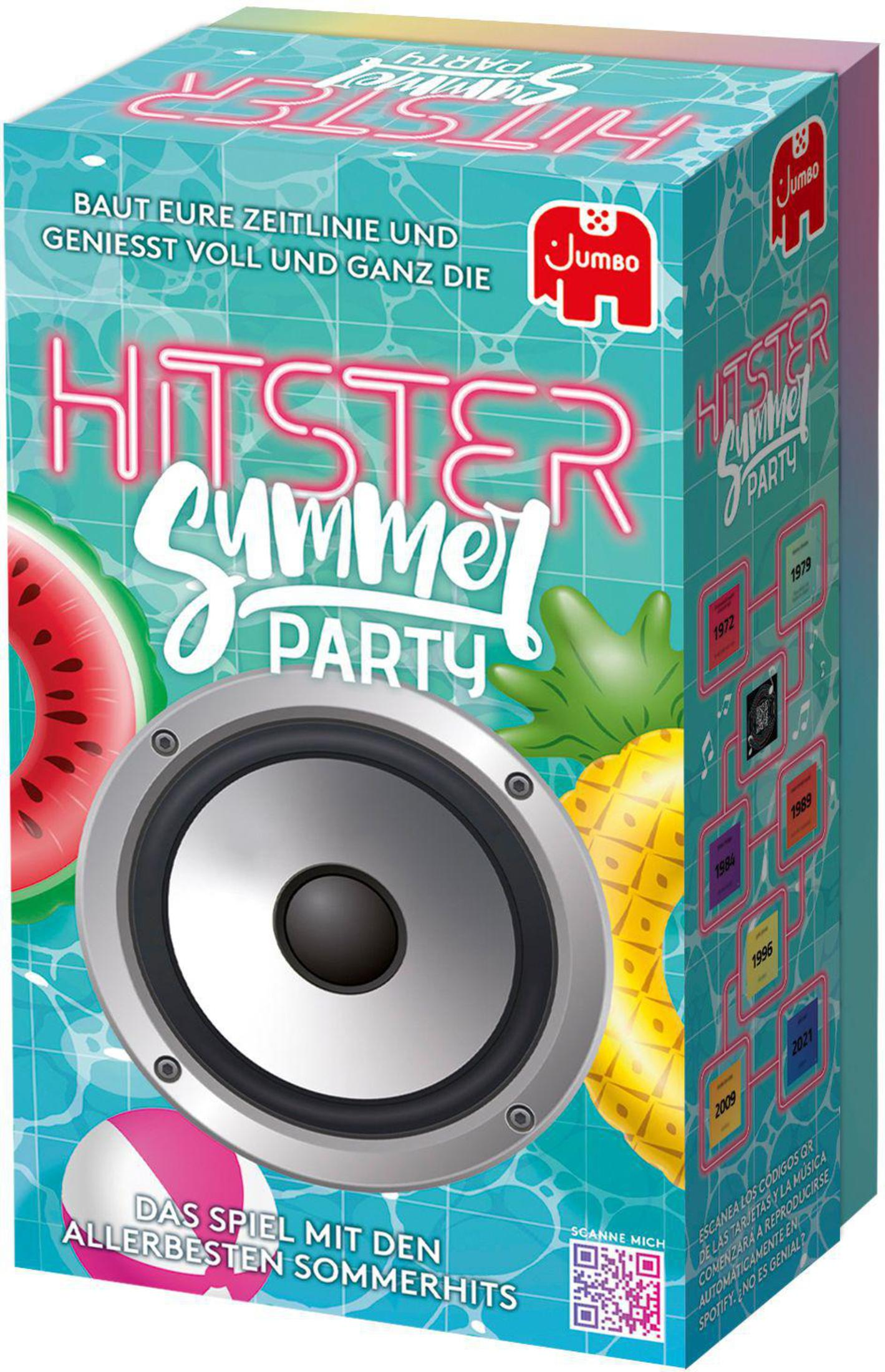 Pudełko gry Hitster Summer Party z głośnikiem, piłką plażową i innymi grafikami.