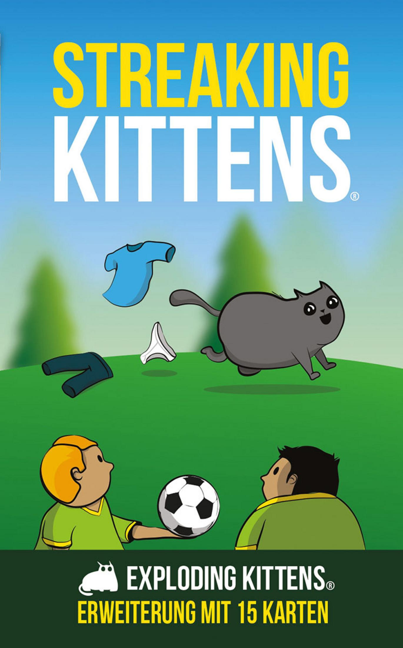 Kartenspielbox: streunende Katze Cartoon mit fliegender Kleidung, zwei Fußballspieler.