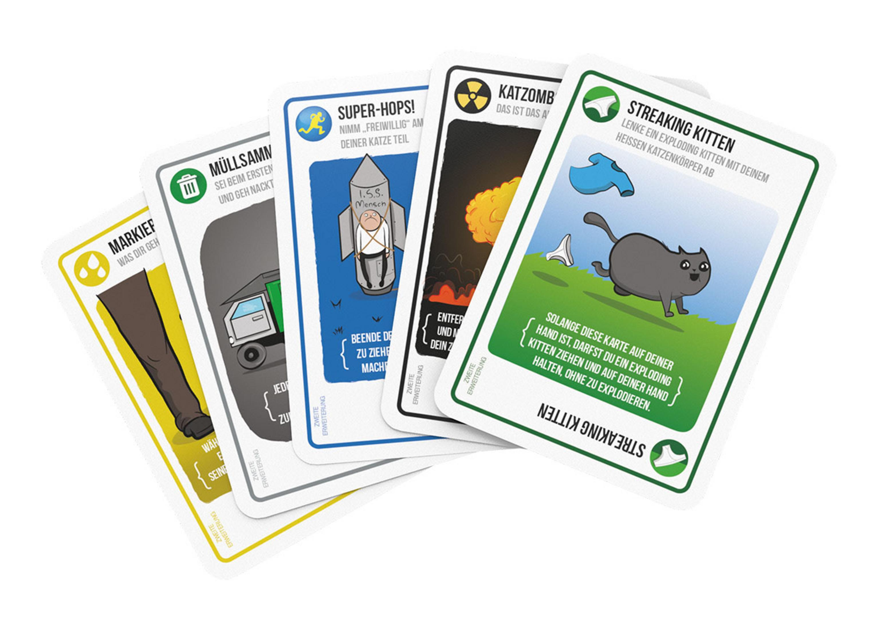 Exploding Kittens Kartenspielkarten auf weißer Oberfläche angeordnet.