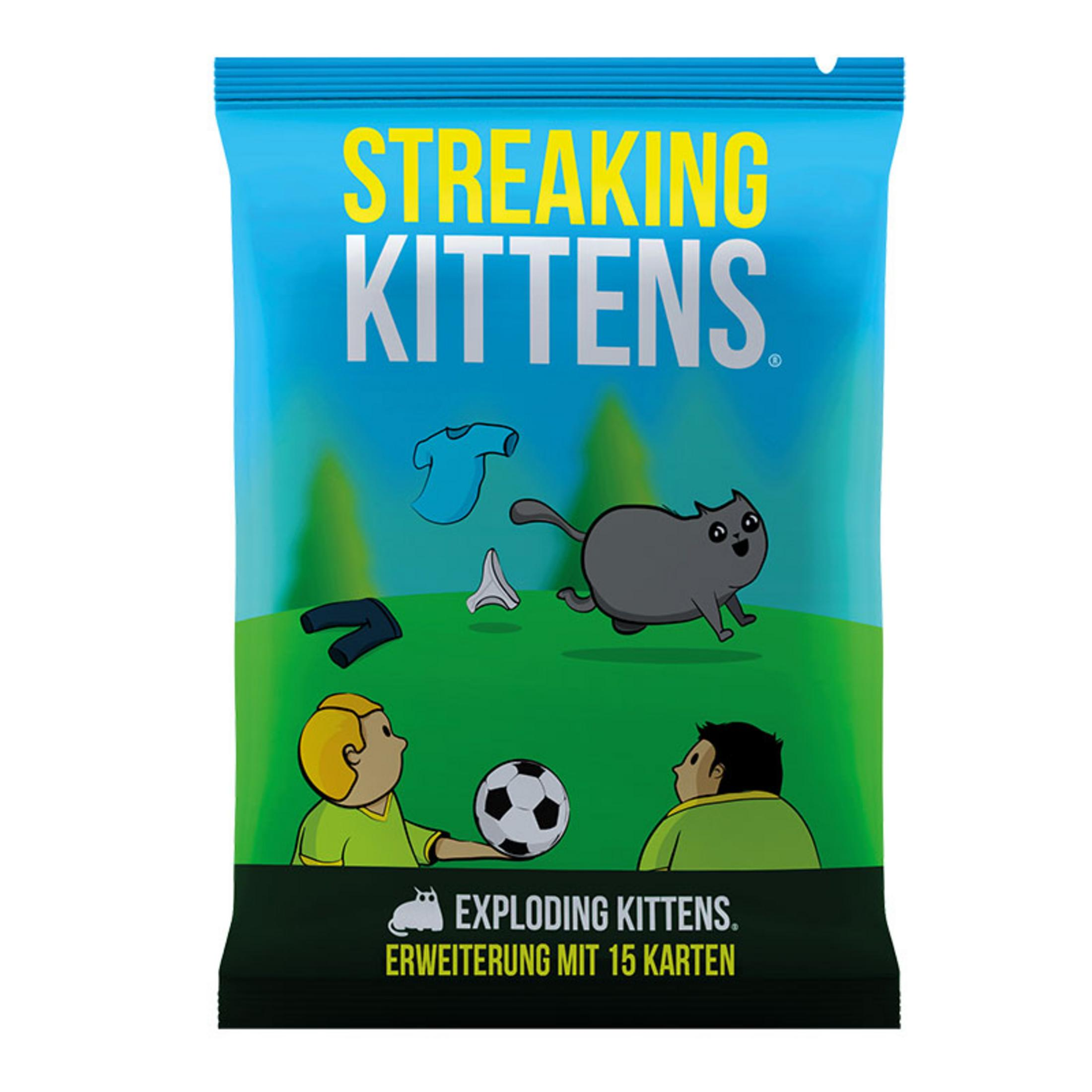 Schachtelkunst für das Spiel Exploding Kittens, mit einer grauen Katze, Fußball und Comicfiguren.