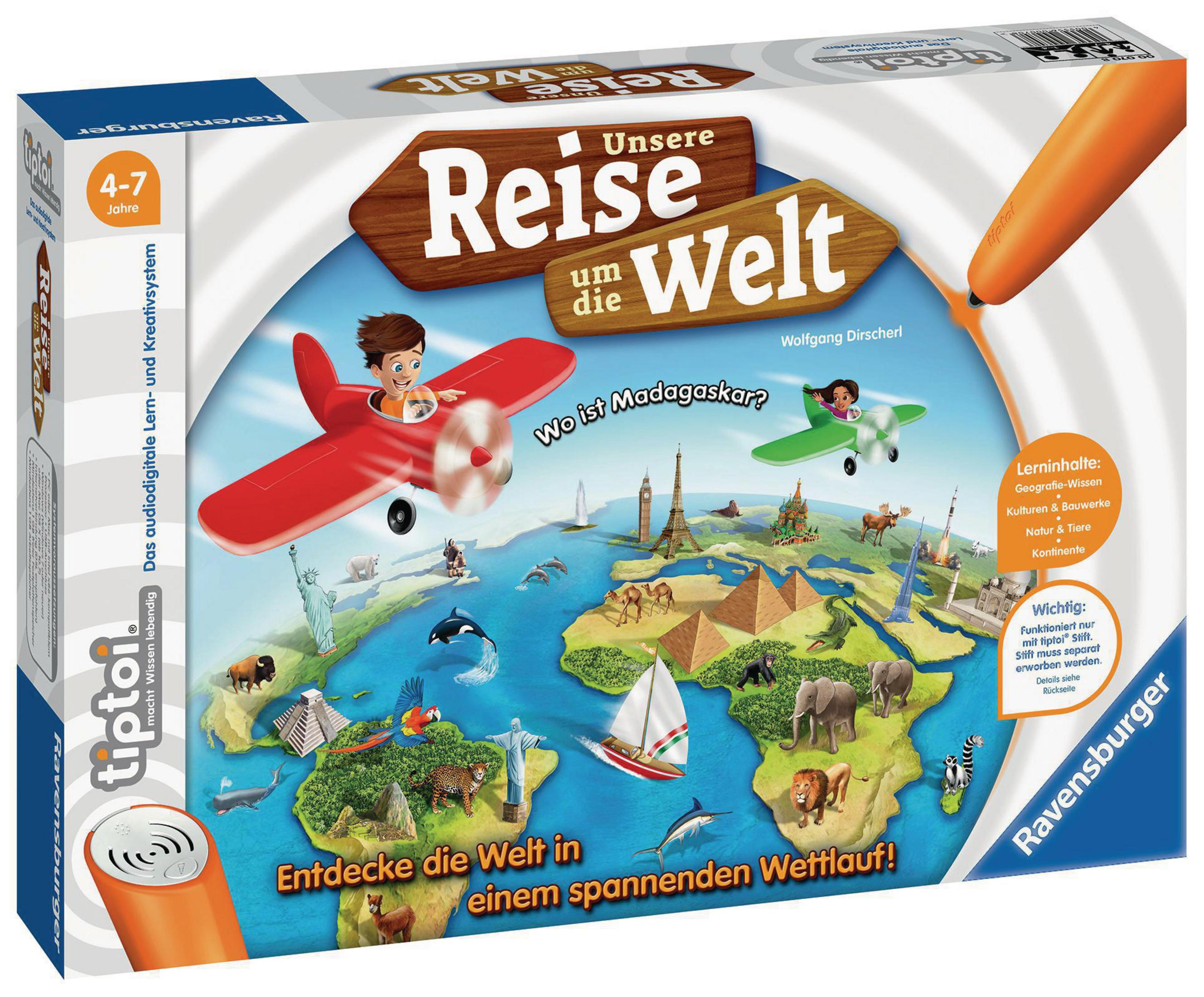 Spielbox: Weltkarte, Flugzeuge, Wahrzeichen und Tiere. Text: