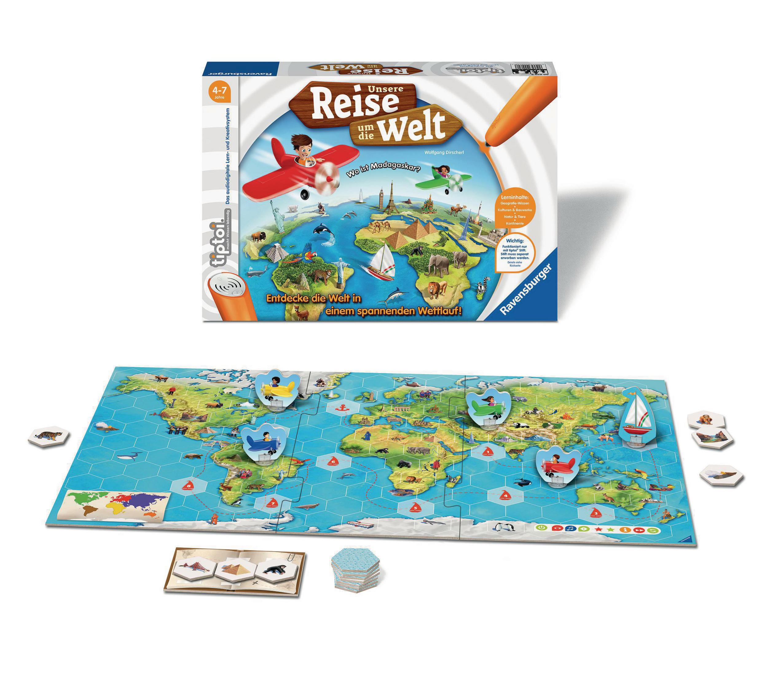 Brettspiel: Weltkarte, Spielsteine mit Flugzeugen und Booten. Karotte auf der Box.