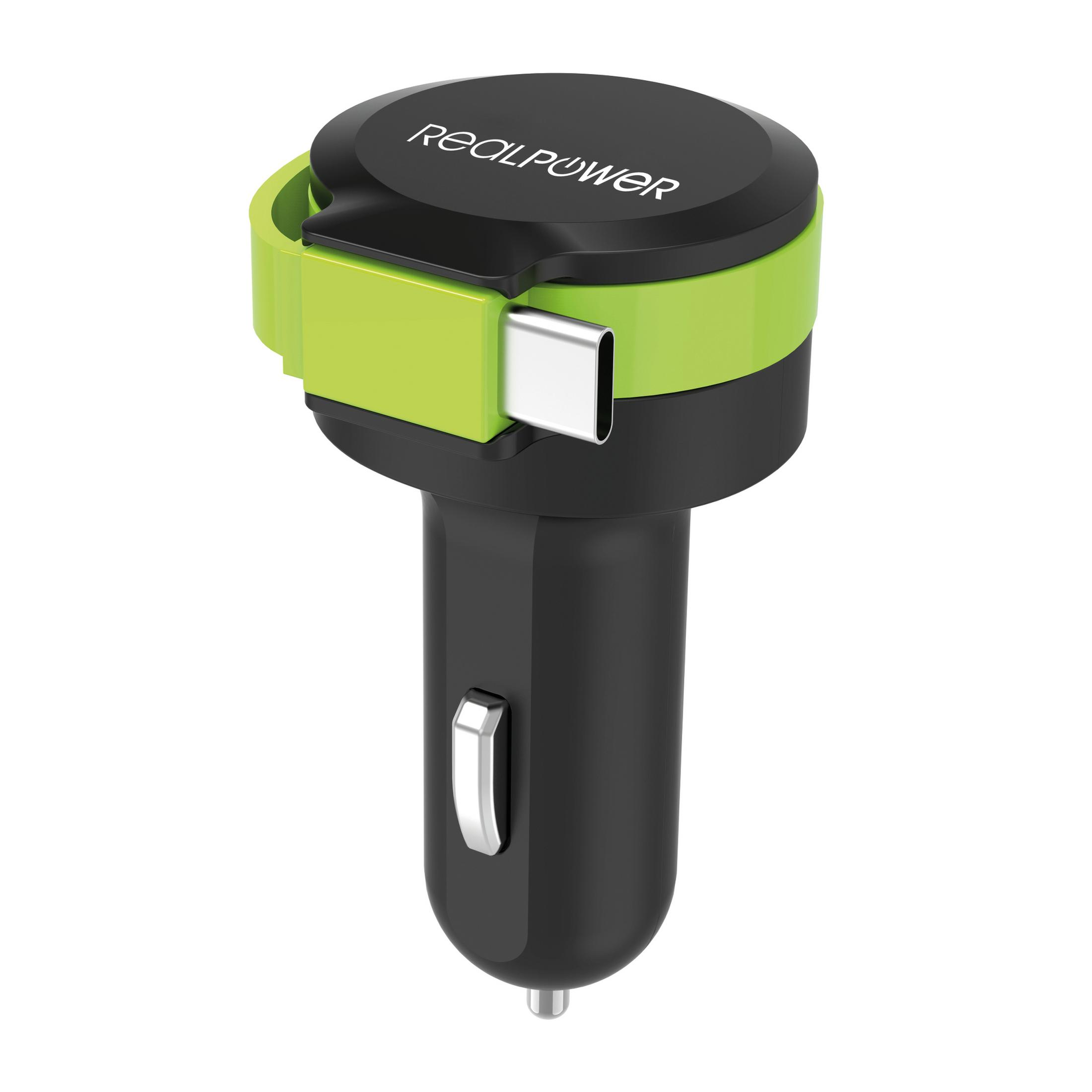 Schwarz-grünes RealPower-Autoladegerät mit USB-C-Anschluss.