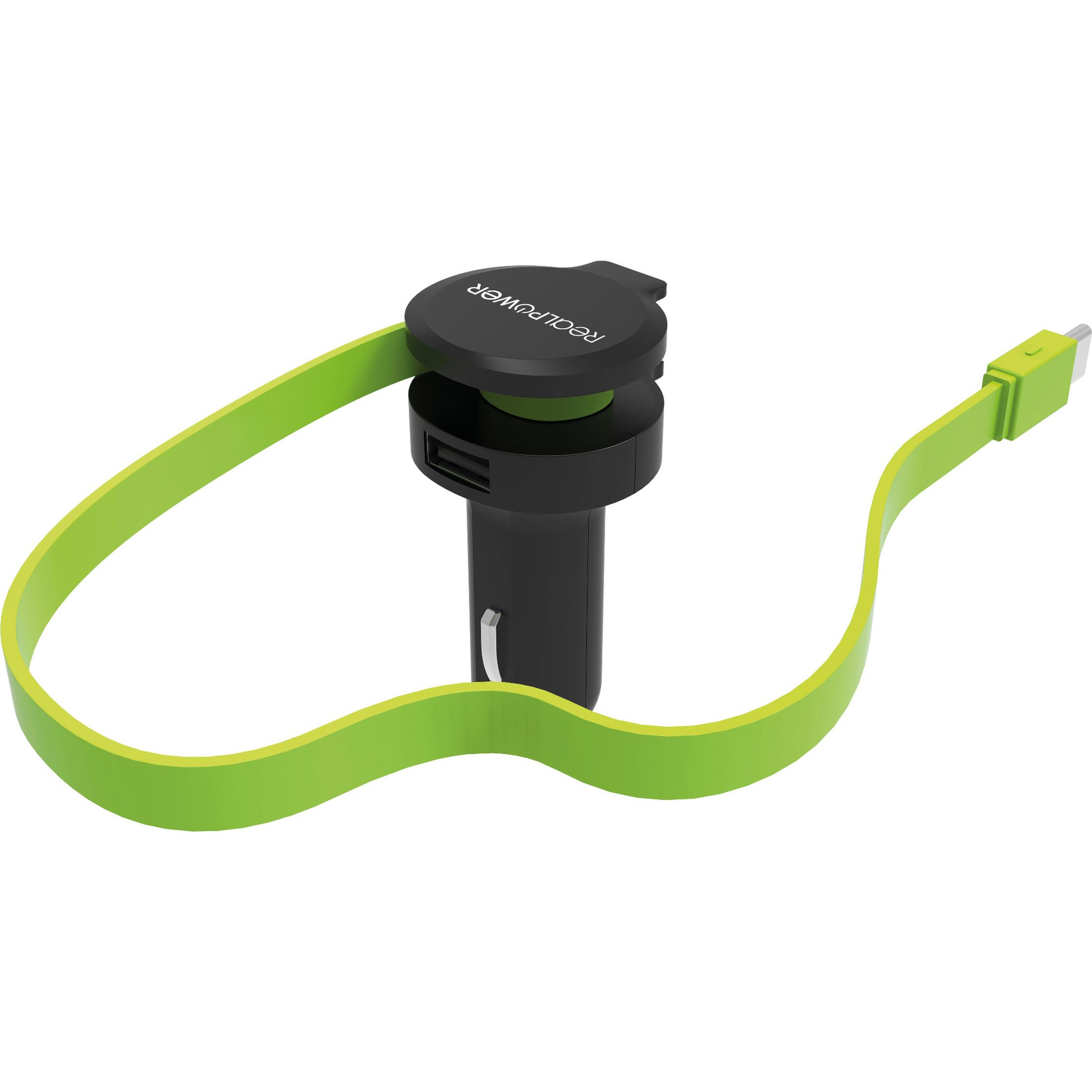 Schwarz-grünes RealPower-Autoladegerät mit zwei USB-Anschlüssen und grünem Kabel.