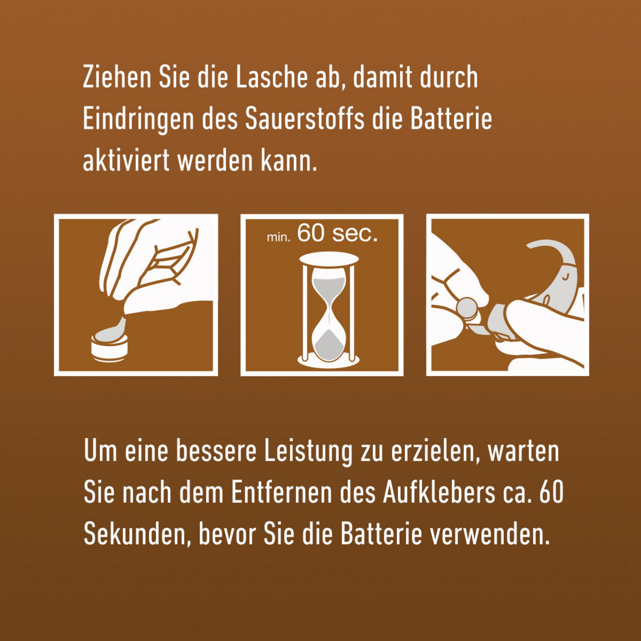 Instrukcje dotyczące baterii do aparatów słuchowych, pokazujące kroki i minutnik.