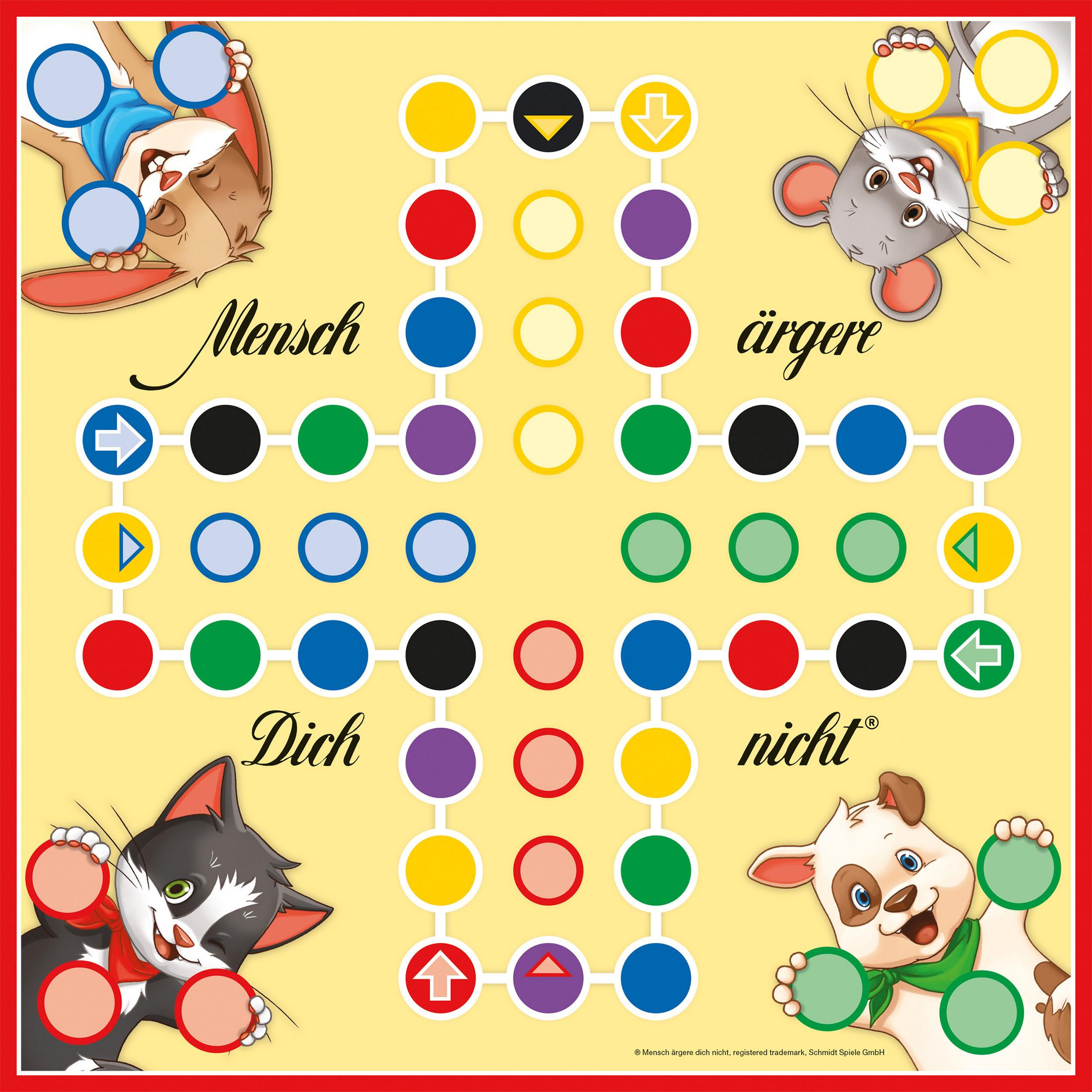 Brettspiel mit Zeichentrickfiguren: Kaninchen, Maus, Katze und Hund. Gelber Hintergrund.