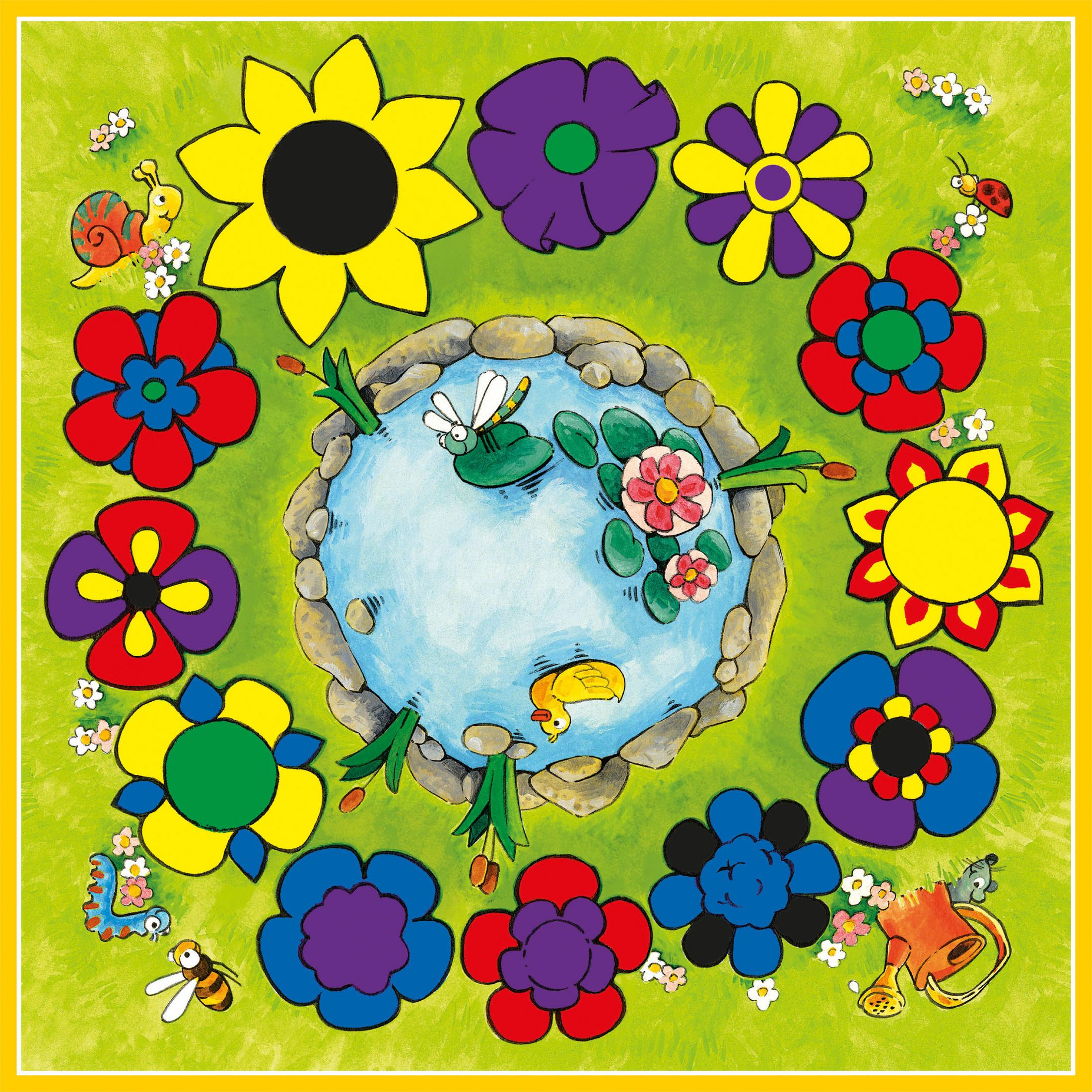 Eine farbenfrohe Illustration eines Teiches mit Blumen, einer Ente, einer Libelle, einer Schnecke und einer Biene.