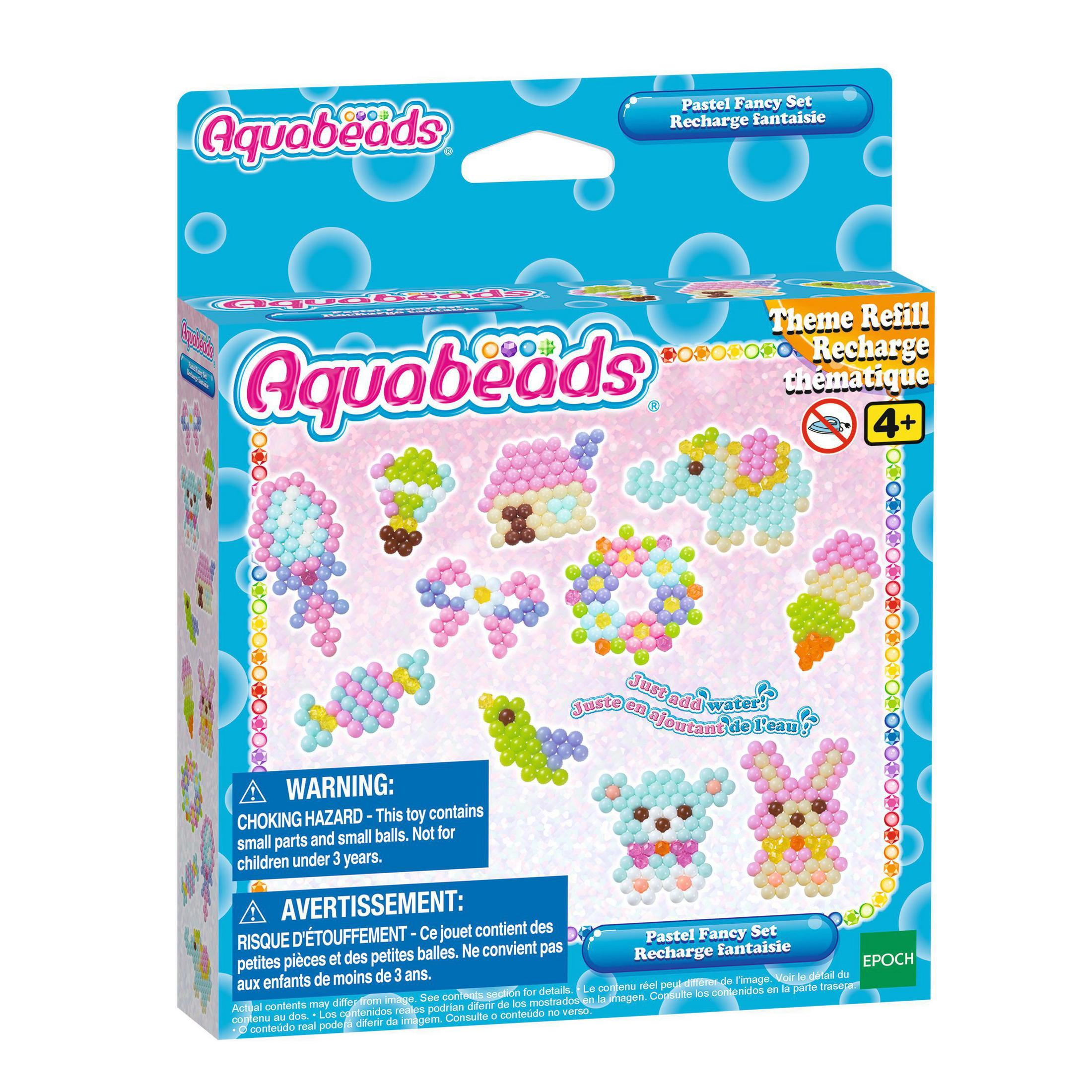 Schachtel mit Aquabeads Spielzeugset, mit bunten Perlendesigns und Anweisungen.