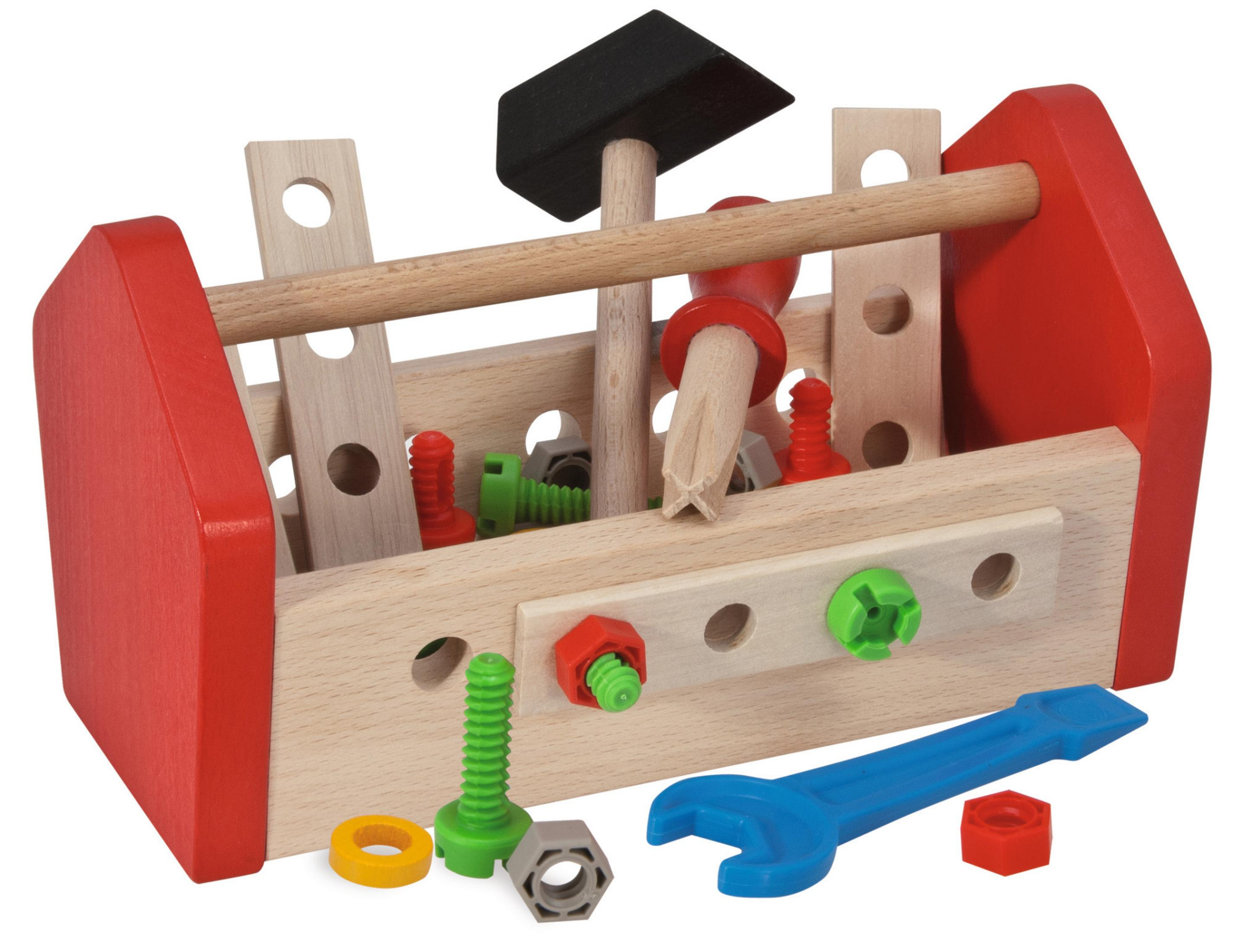 Wooden toolbox with tools: hammer, screwdriver, wrench, screws and nuts.