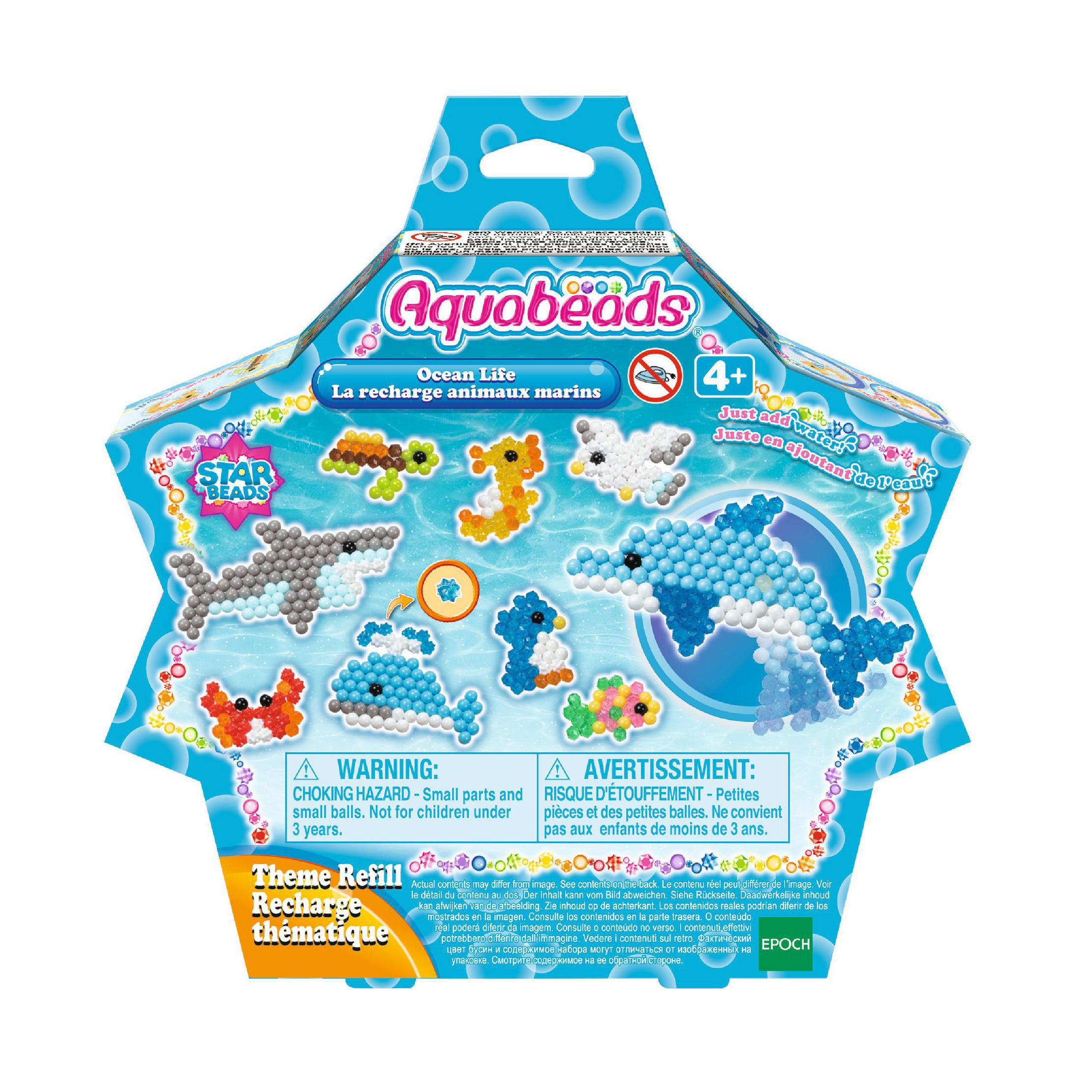 Aquabeads-Spielzeugbox mit verschiedenen Meereslebewesen-Designs. Weißer Hintergrund.