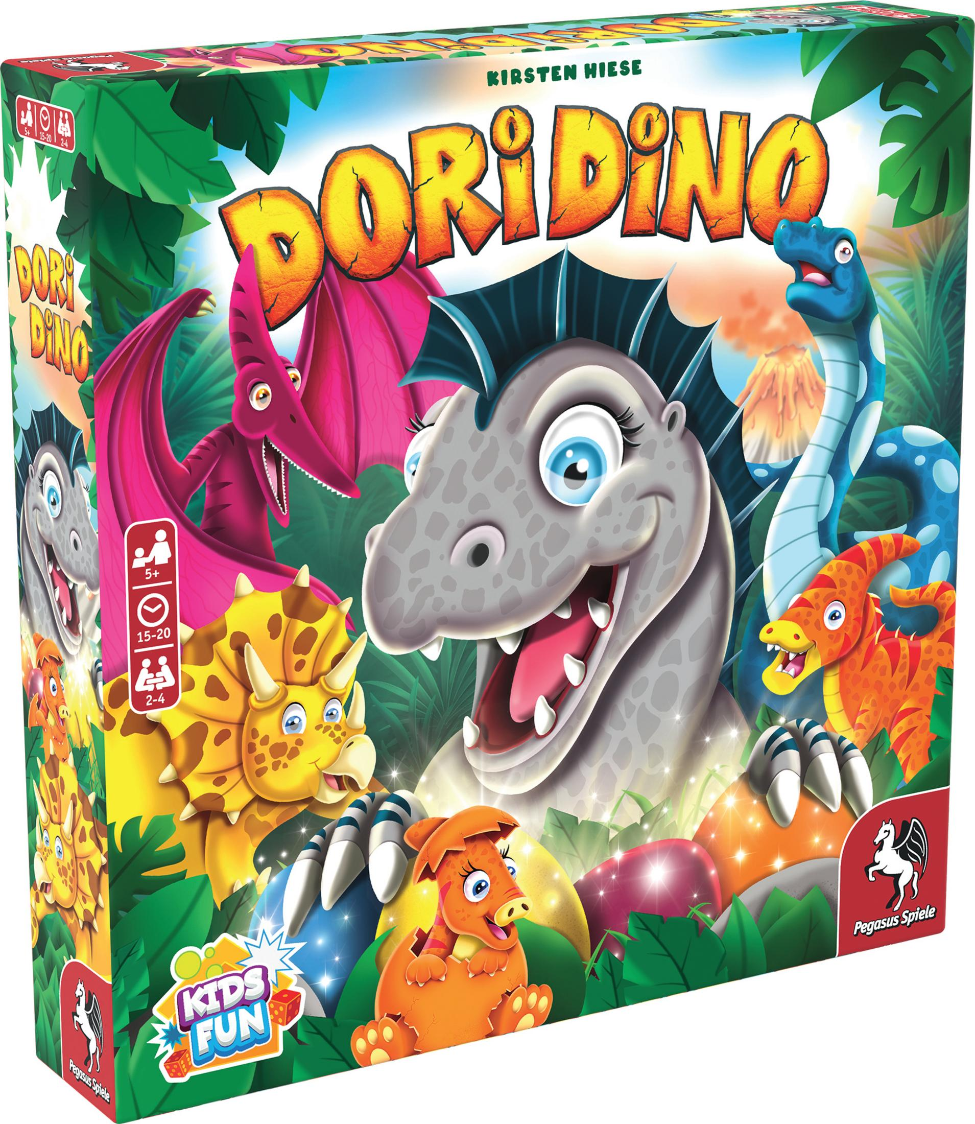 Spielbox mit farbenfrohen Dinosaurier-Illustrationen. Text: Dori Dino.