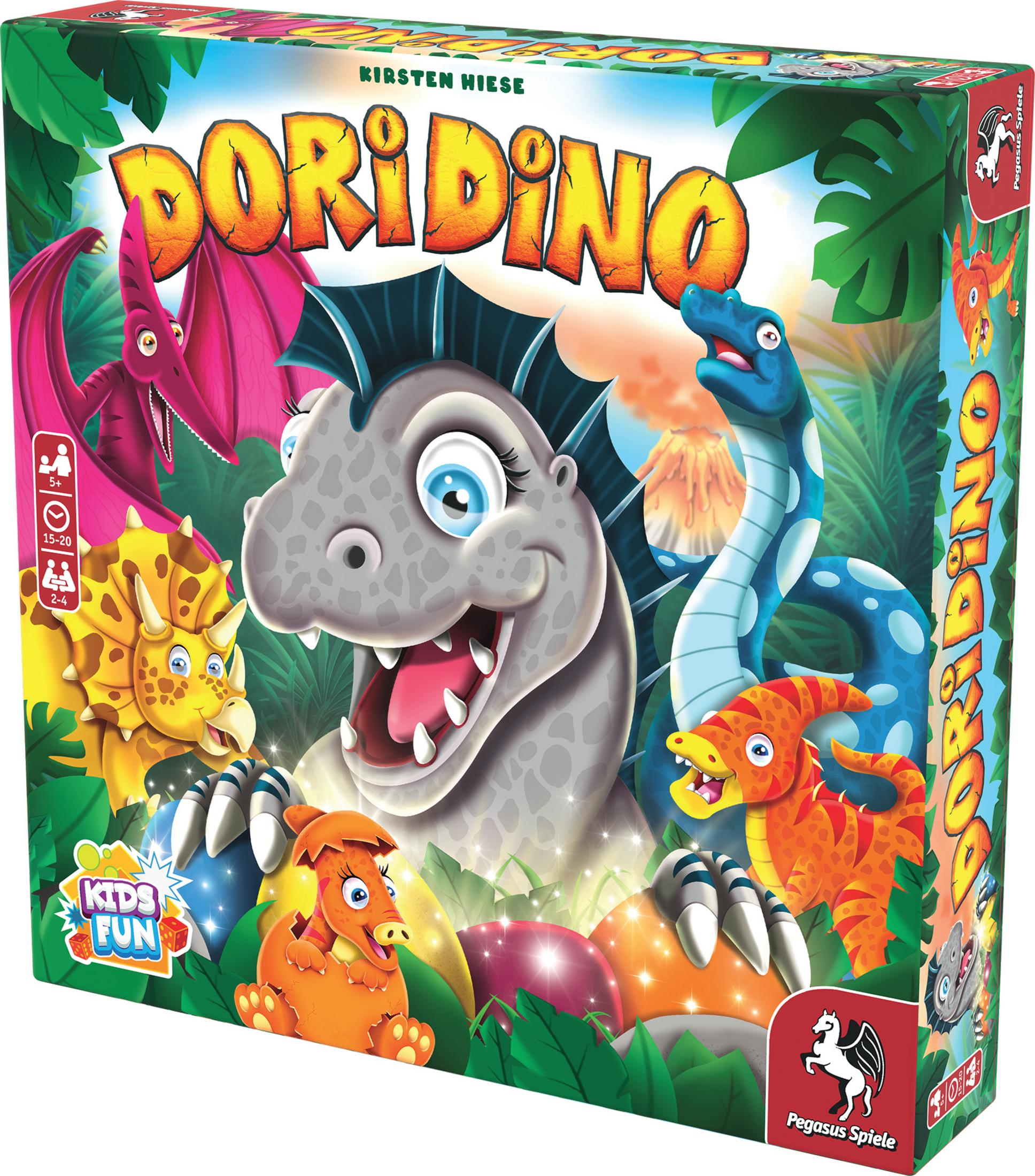 Brettspielbox mit Dinosaurierfiguren, Dschungel-Hintergrund und Spieletitel.