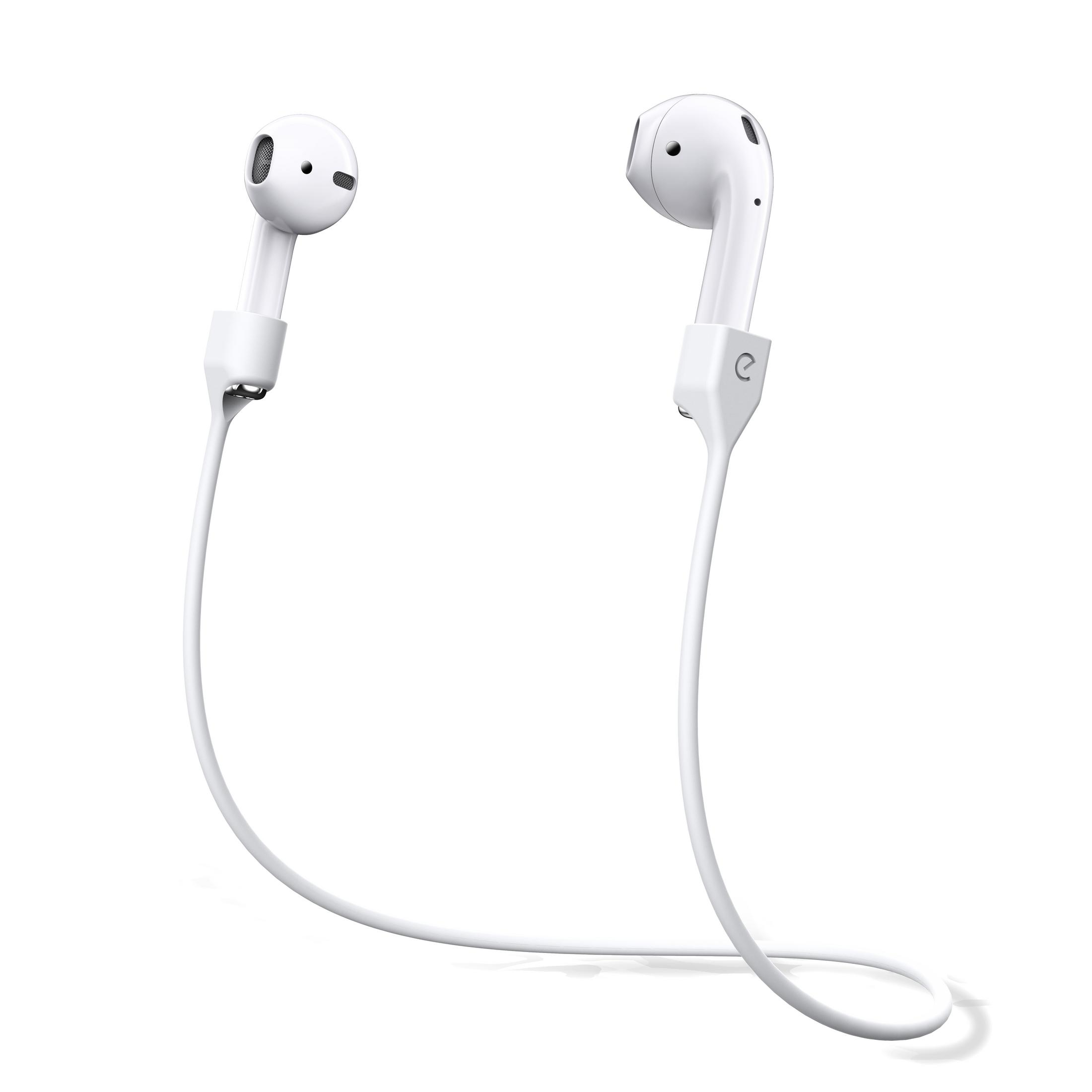 Weiße Ohrhörer mit weißem Kabel, das sie verbindet, weißer Hintergrund.