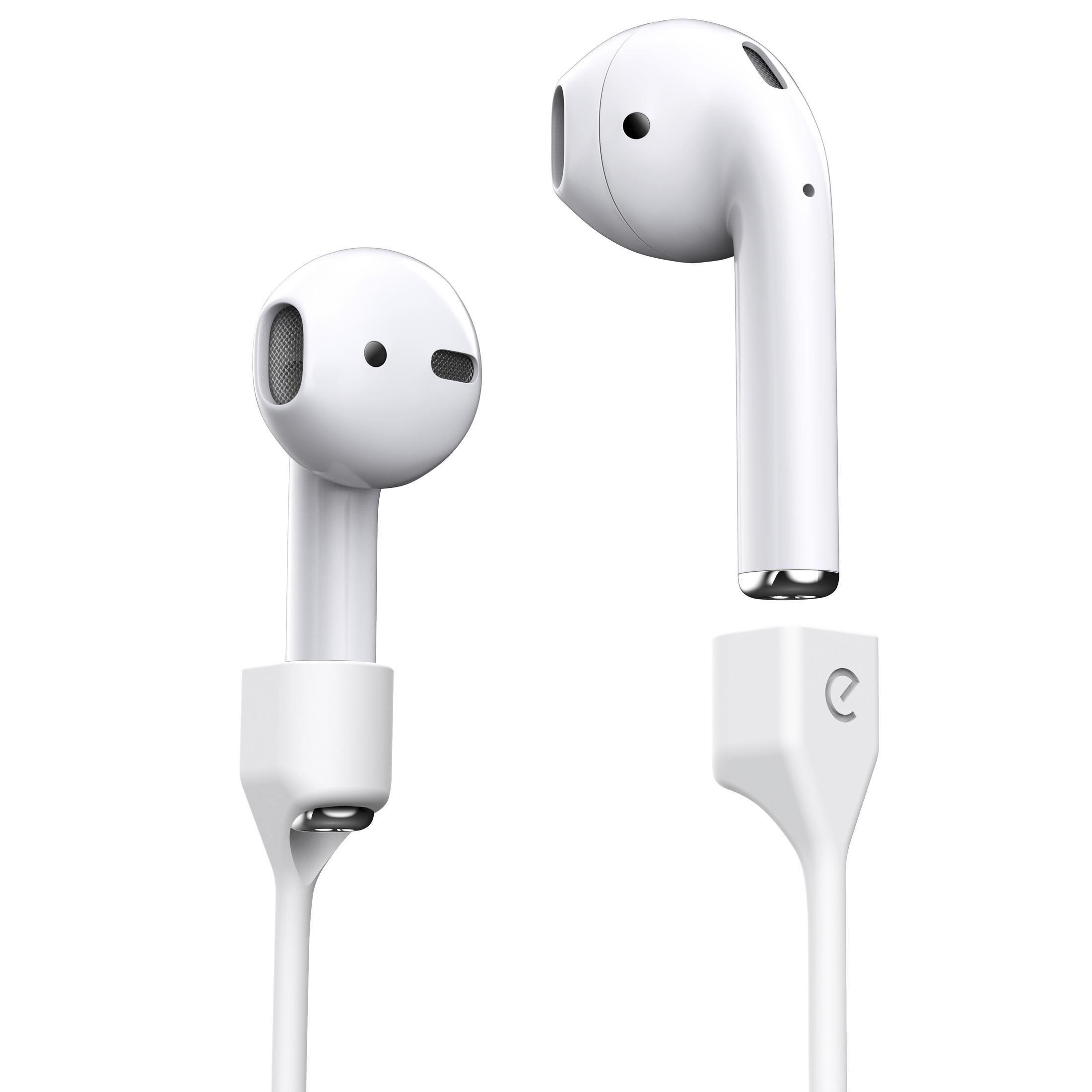Weiße Ohrhörer mit angeschlossenem weißen Kabel und Ladeanschluss.