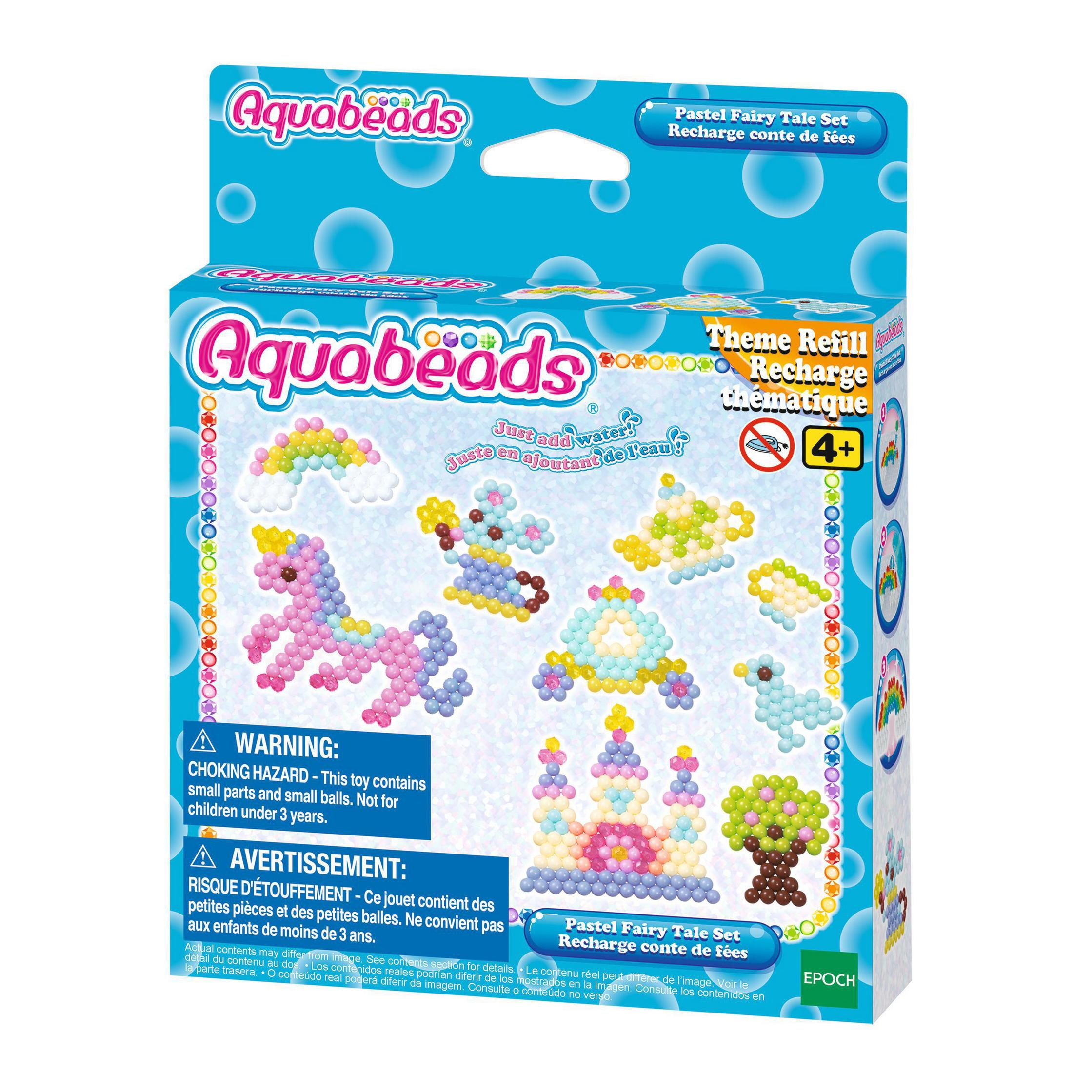 Schachtel mit Aquabeads-Spielzeug, mit einem Märchen-Thema mit verschiedenen bunten Perlen-Designs.