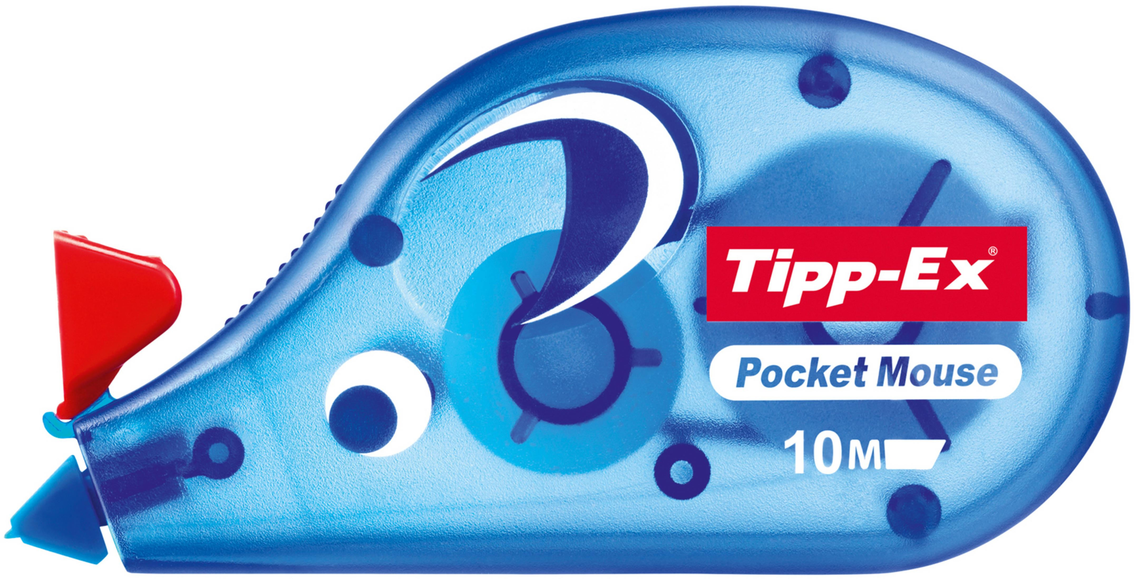 Ein blauer Korrekturroller mit rotem Knopf und dem Text 'Pocket Mouse'.