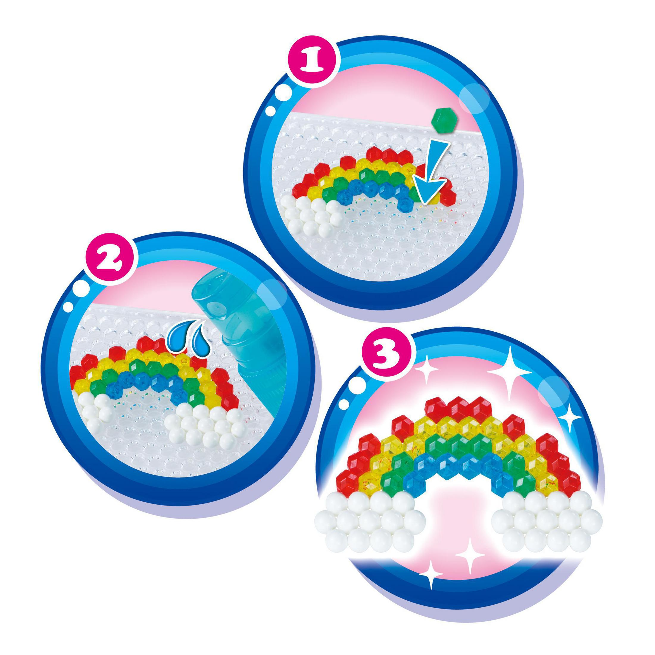 Aquabeads-Set zeigt, wie ein Regenbogen mit Perlen entsteht. Schritte: Perlen, Wasser, fertig.