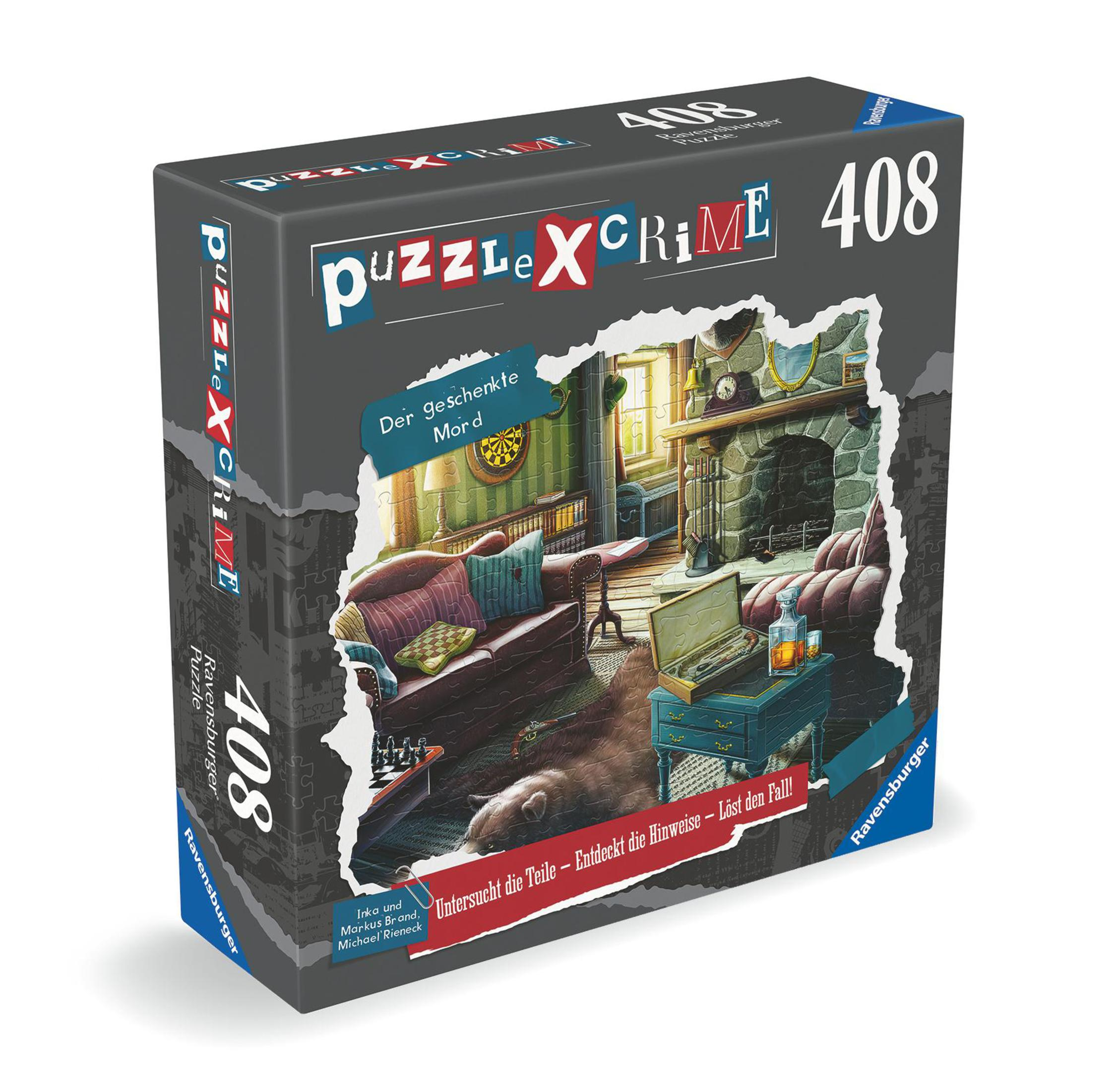 Puzzledose mit einem Bild eines Raumes mit Kamin und Möbeln.
