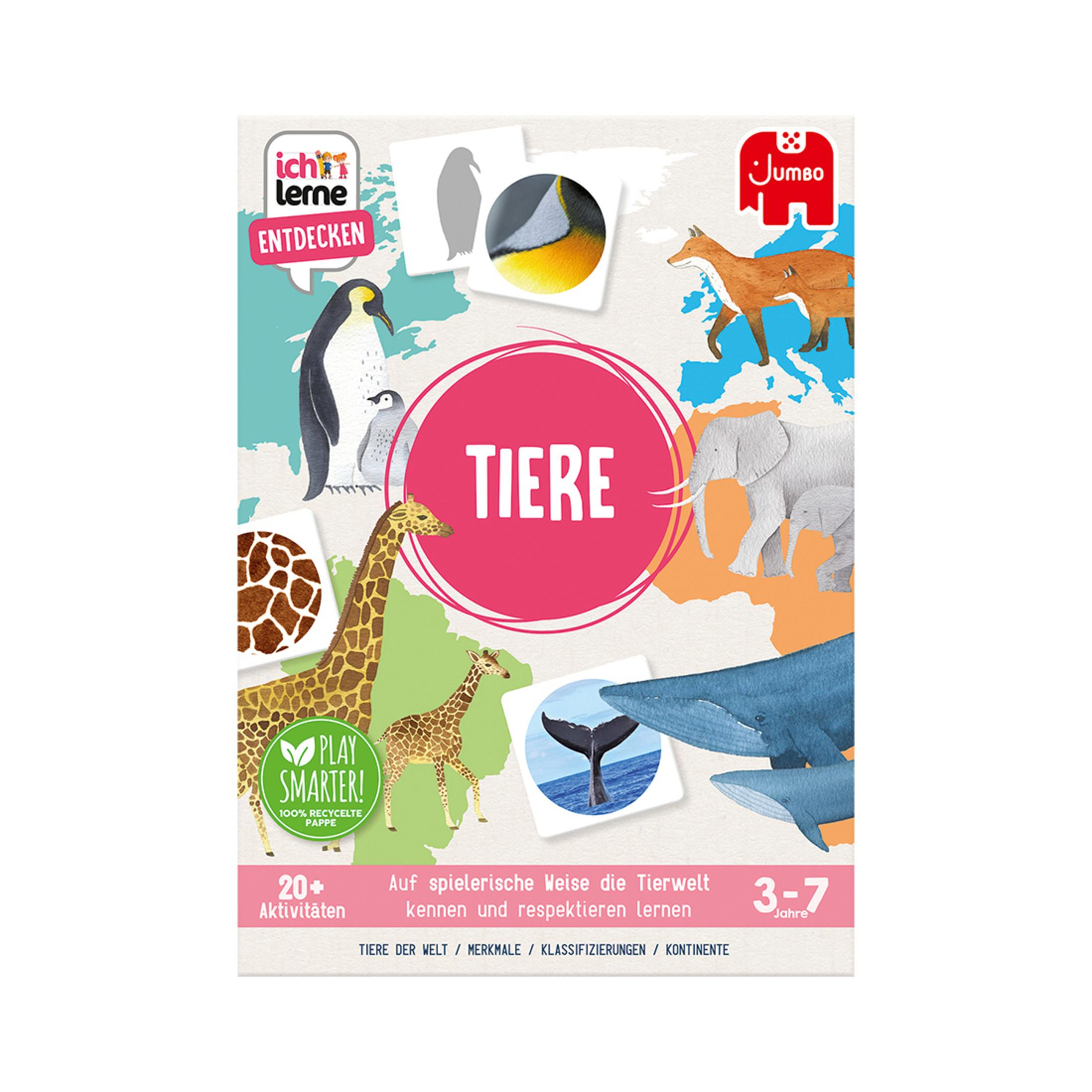 Kinderbuch mit Tierbildern. Enthält Pinguin, Giraffe und Elefant. Rosa Titeltafel.