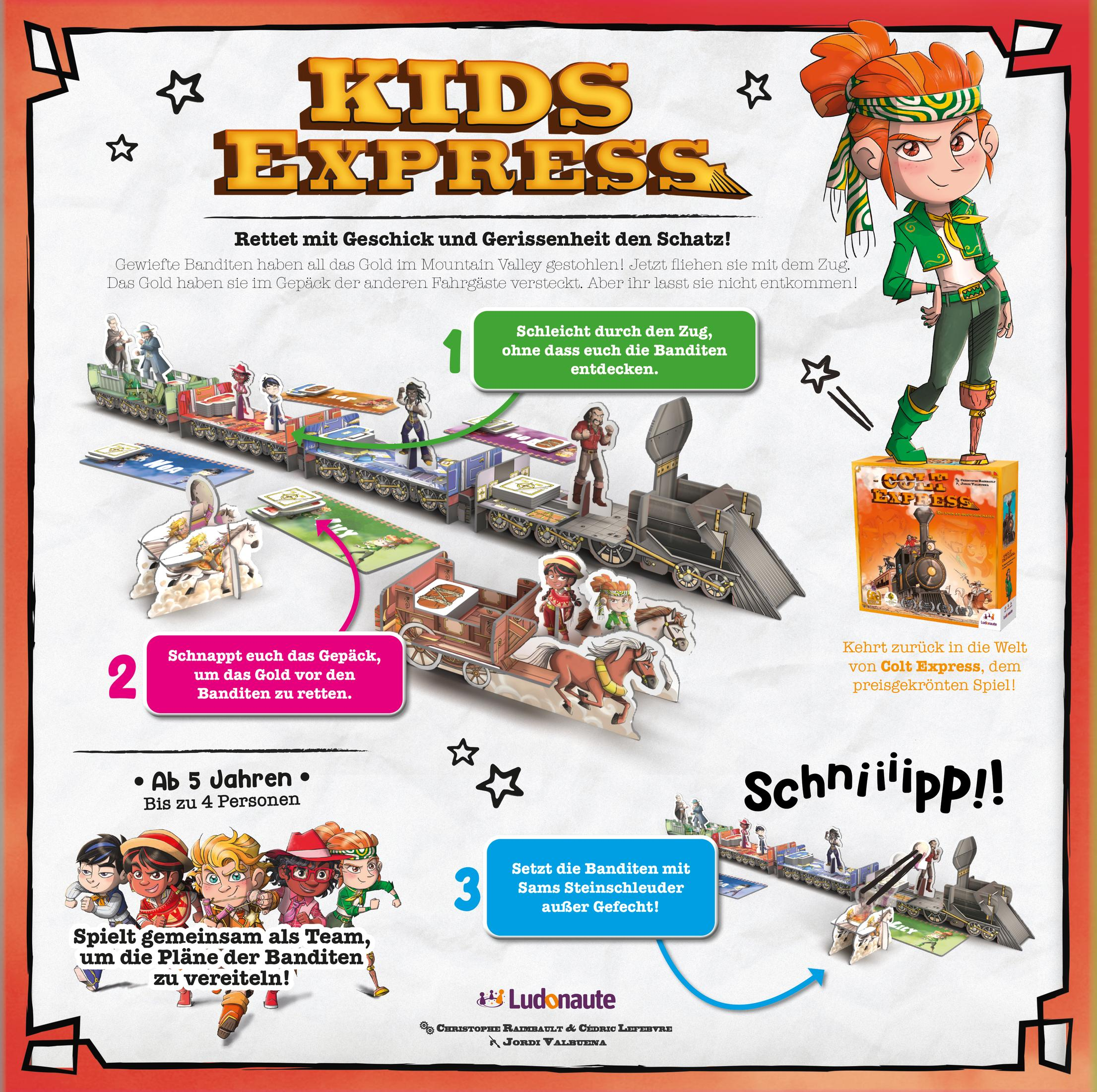 Ein Brettspiel namens Kids Express wird mit Illustrationen des Spiels und seiner Komponenten gezeigt.