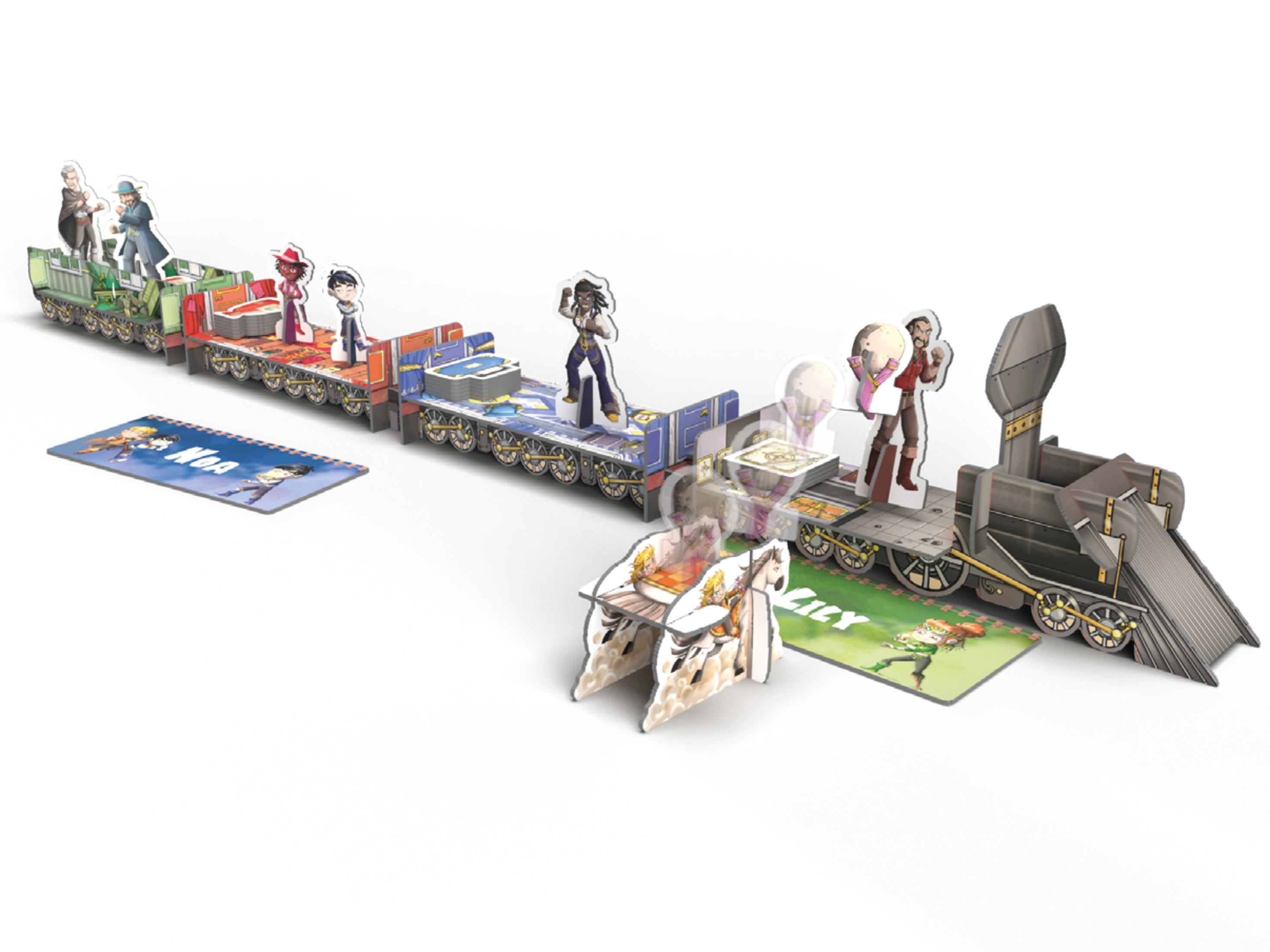 Ein Brettspiel mit Zugwagen, Figuren und Spielkarten. Das Spiel ist auf einer weißen Oberfläche spielbereit aufgebaut.