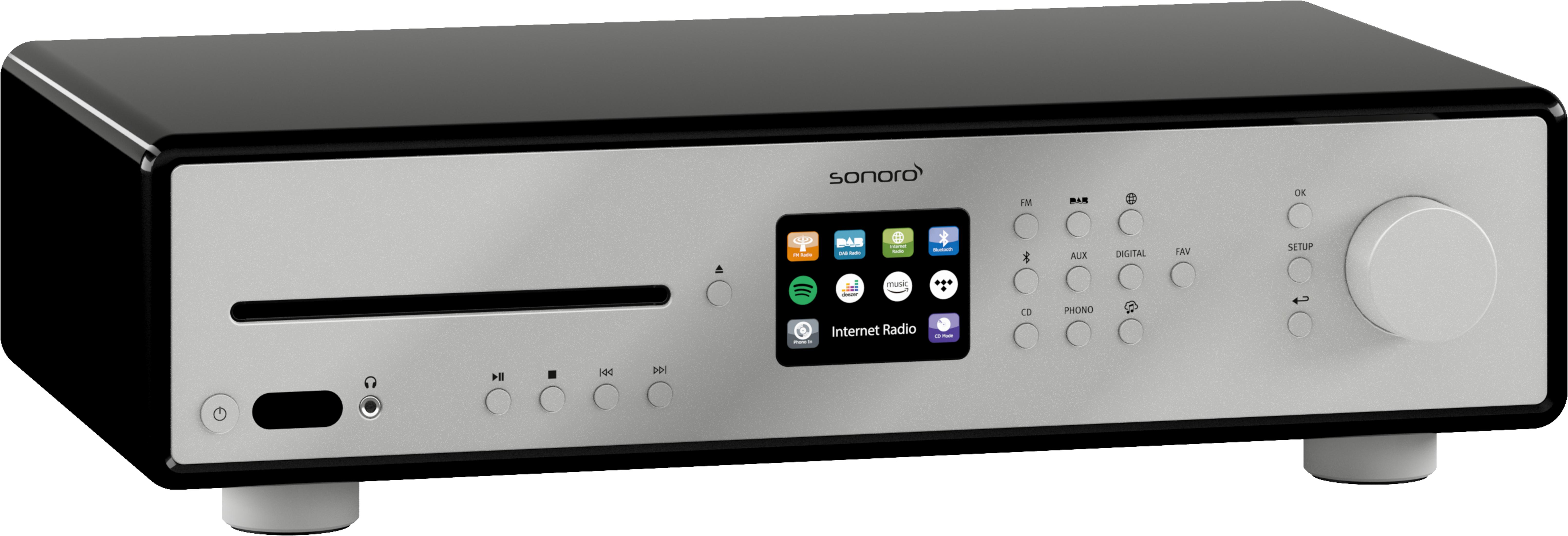 Silber-schwarzes Audiosystem mit Bildschirm und Knöpfen.